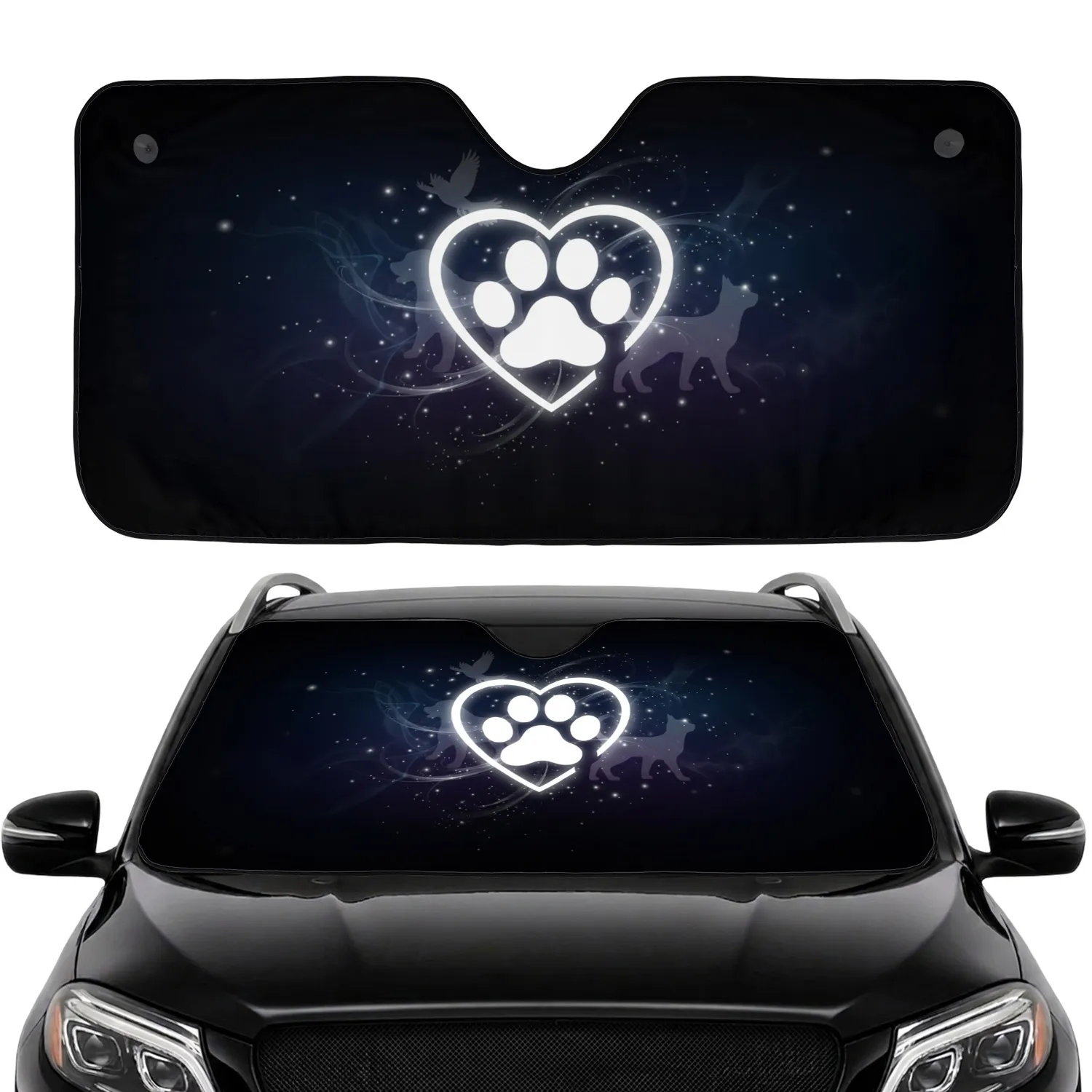 Glowing Heart Paw Print Pet Silhouettes Serene Night Sky - Pet Lover Car Decor Gift Car Sunshade - 1