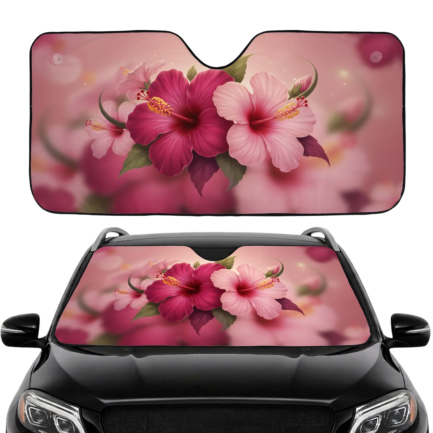 Dark Magenta Pastel Pink Hibiscus Blossoms Foliage Blush Rose - Botanical Decor Gift Car Sunshade - 1