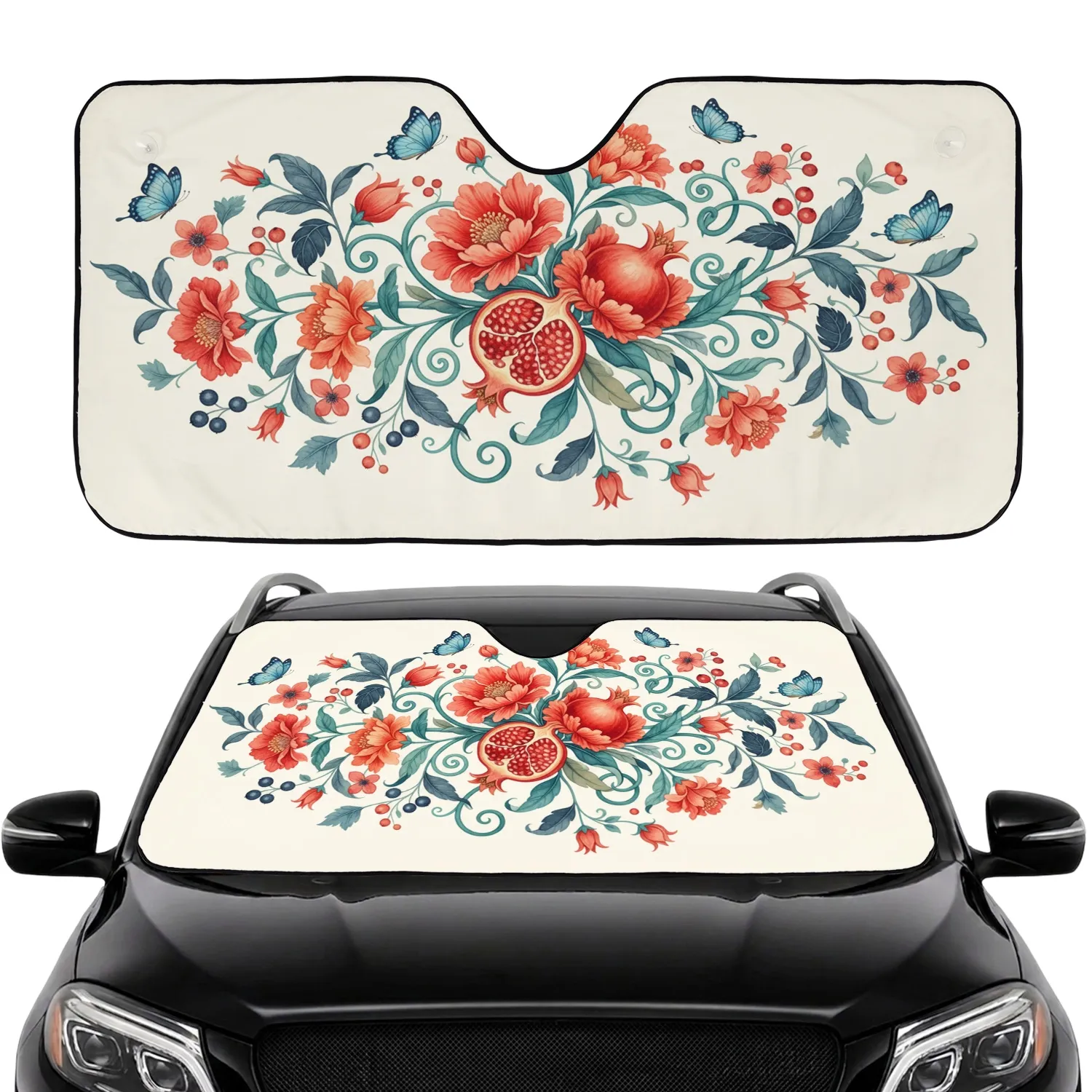Pomegranate Floral Butterfly Botanical - Car Decor Gift For Garden Lover Car Sunshade - 1