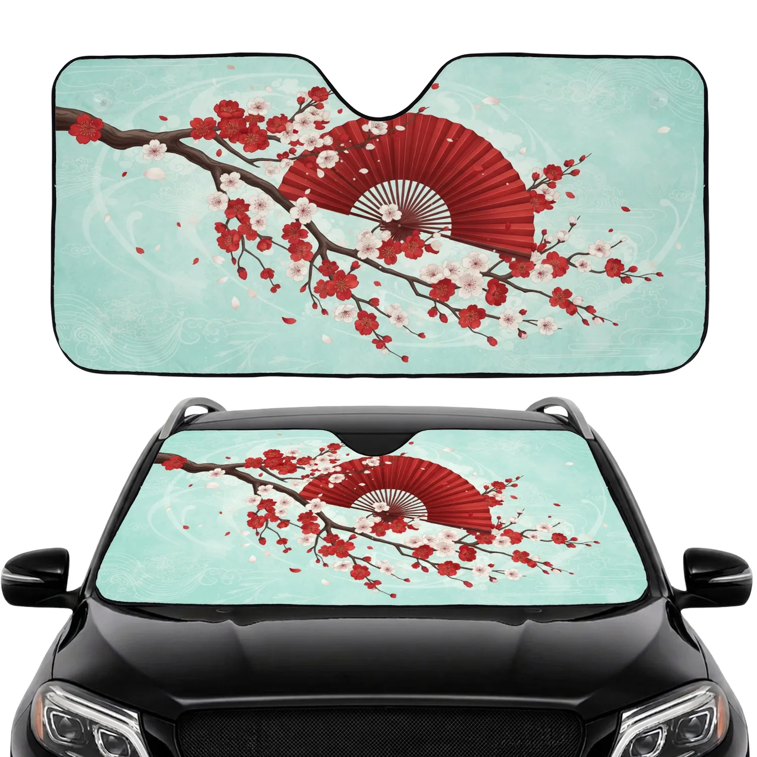 Cherry Blossom Japanese Red Fan - Cultural Lifestyle Car Decor Gift Car Sunshade - 1