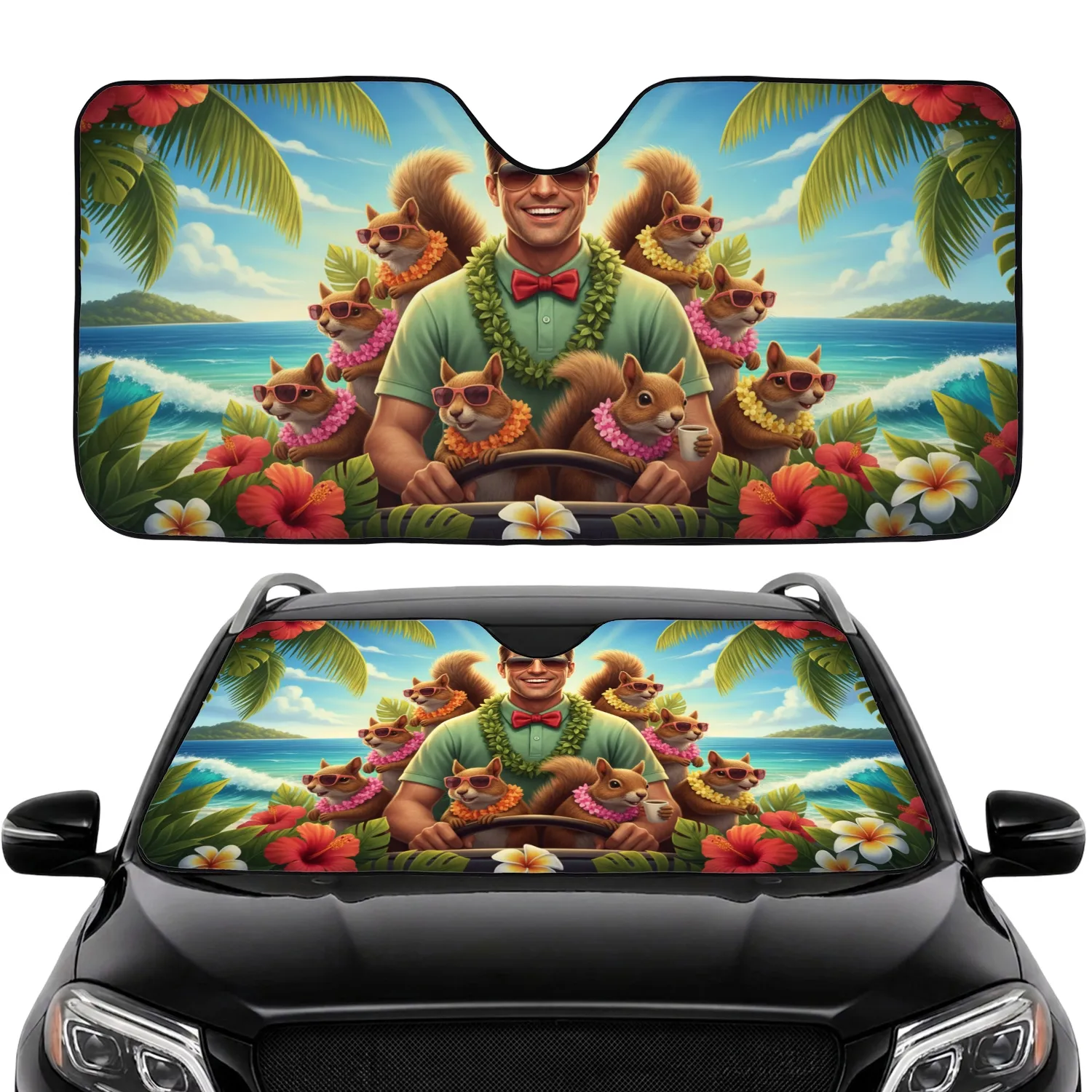 Smiling Man Driving Squirrels Tropical Beach Ocean - Road Trip Gift Car Sunshade - 1