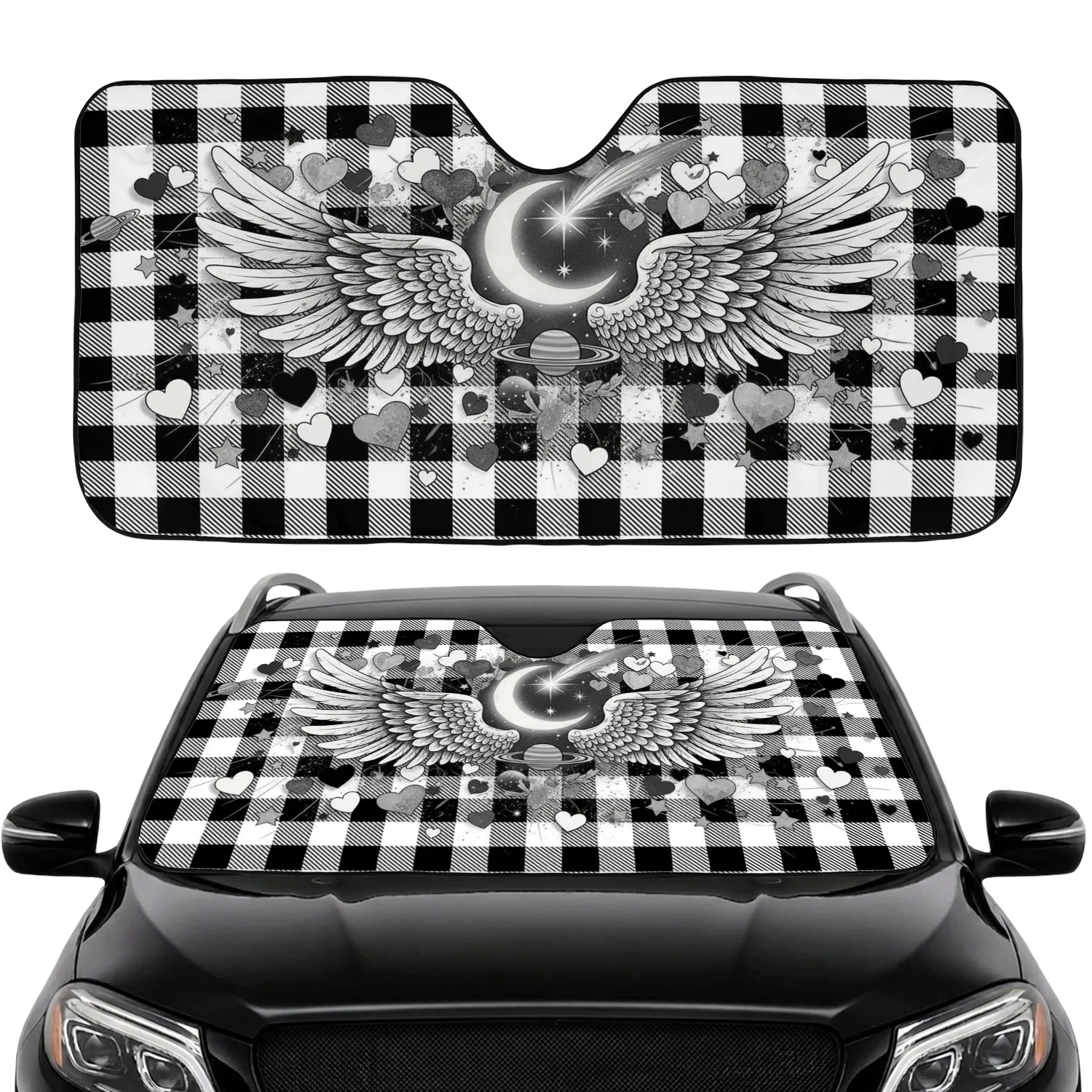 Majestic Angel Wings Crescent Moon Ringed Planet Buffalo Plaid - Celestial Lover Gift Car Sunshade - 1