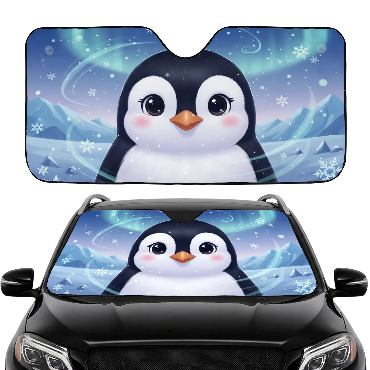 Penguin Face Ethereal Arctic Snowflakes Aurora - Winter Wildlife Gift for Penguin Lovers Car Sunshade - 1
