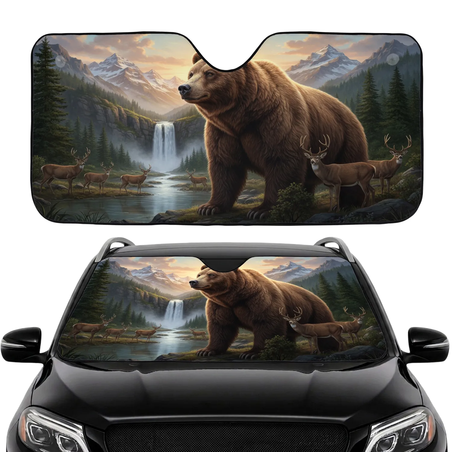 Grizzly Bear Mountain River Waterfall - Wildlife Lover Gift Car Sunshade - 1