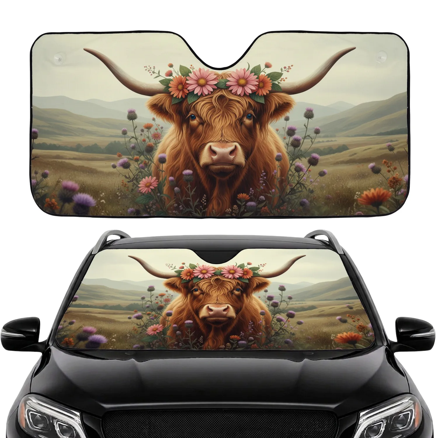 Highland Cow Floral Crown Wild Thistle Scottish Hills - Farmhouse Decor Cow Lover Gift Car Sunshade - 1