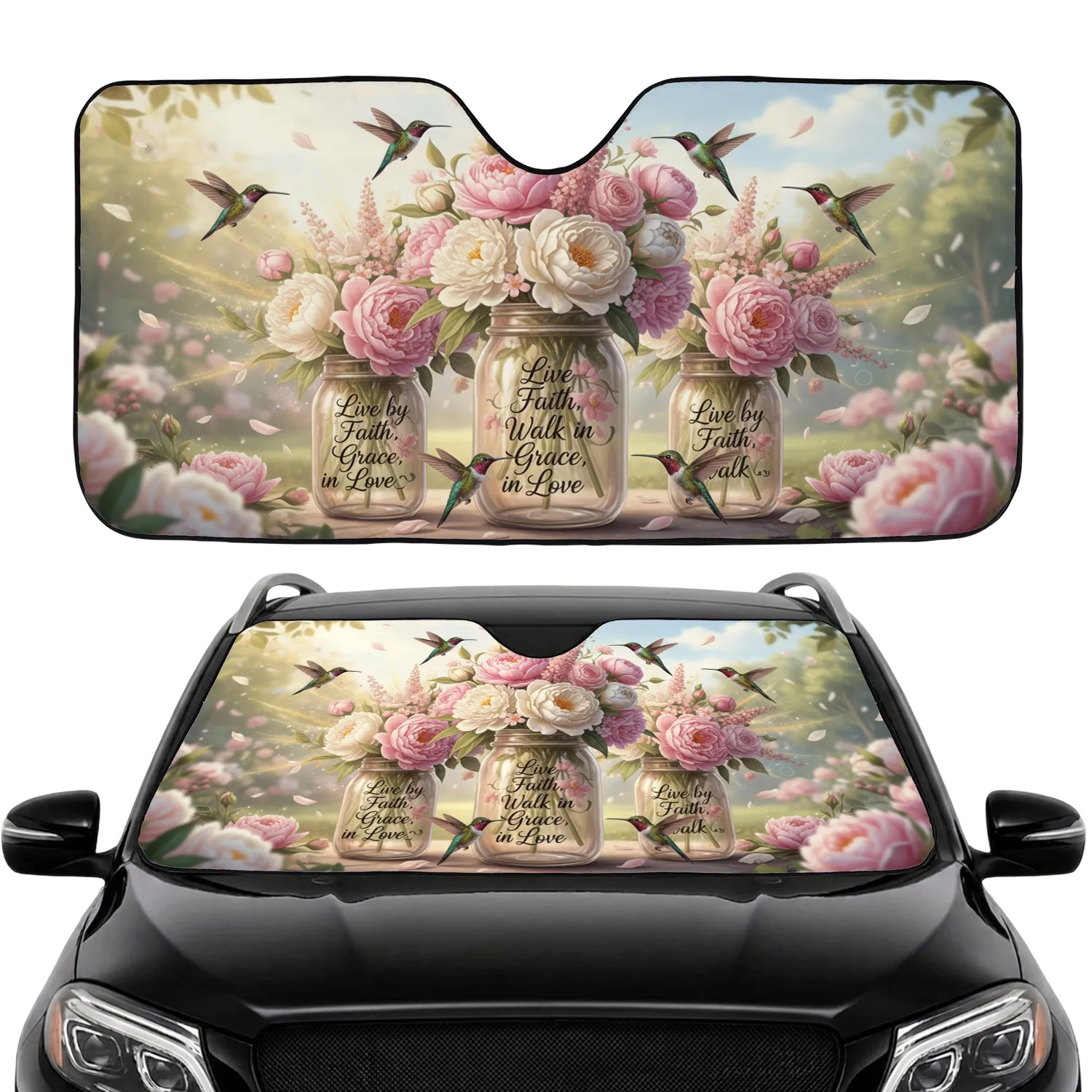 Rustic Mason Jar Peonies Faith Grace Love Hummingbirds - Farmhouse Decor Gift Car Sunshade - 1