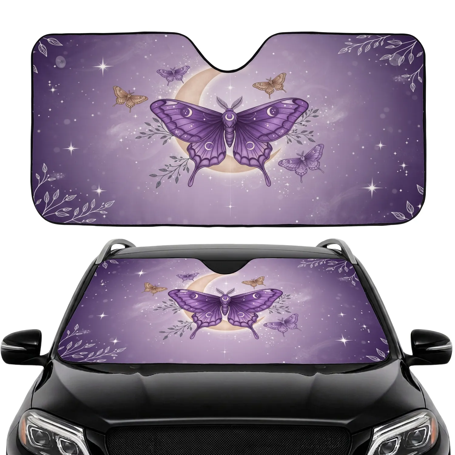 Mystical Purple Moth Crescent Moon - Celestial Magic Car Decor Gift for Moth Lovers Car Sunshade - 1