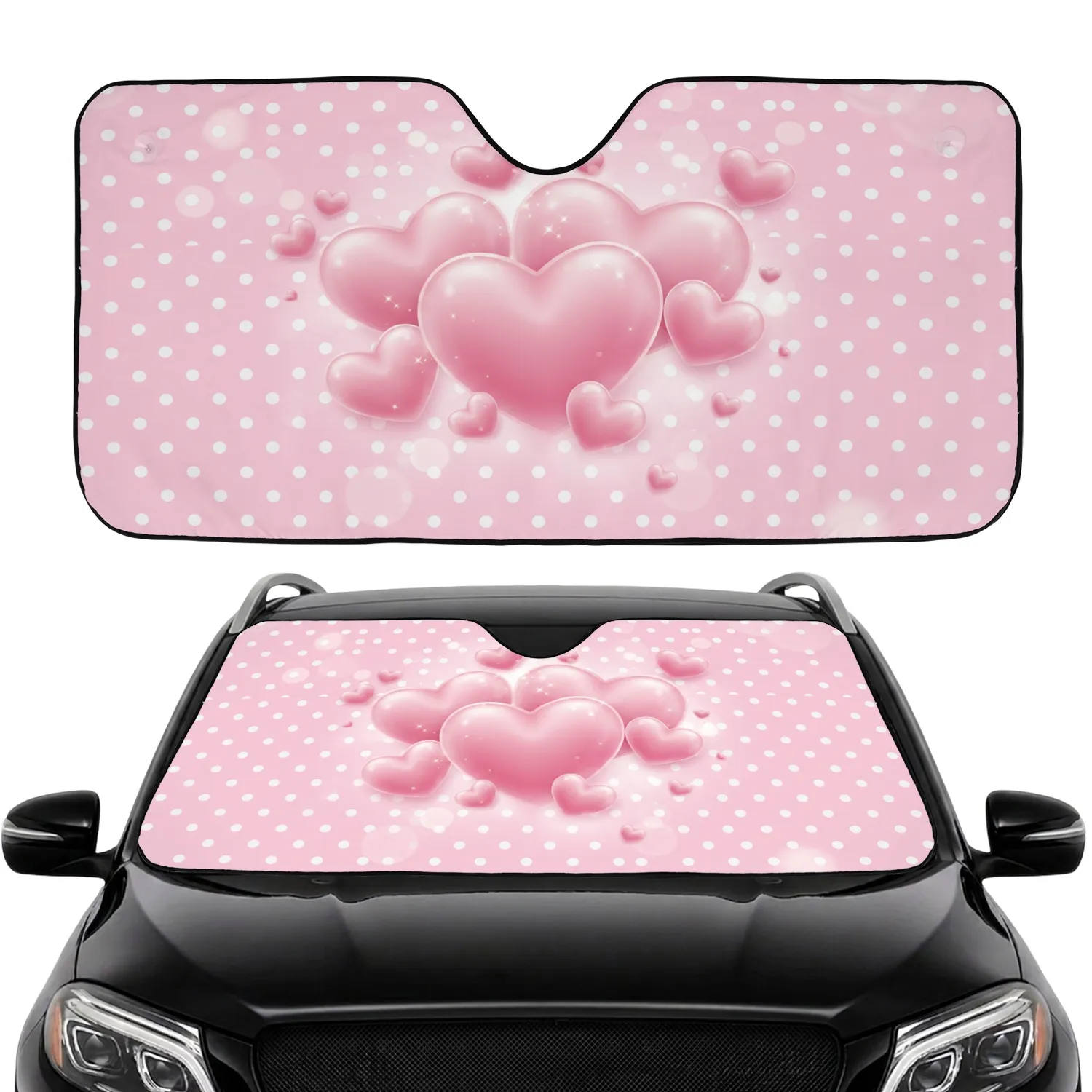 Volumetric Glossy Pink Hearts White Polka Dots - Car Decor Gift Car Sunshade - 1