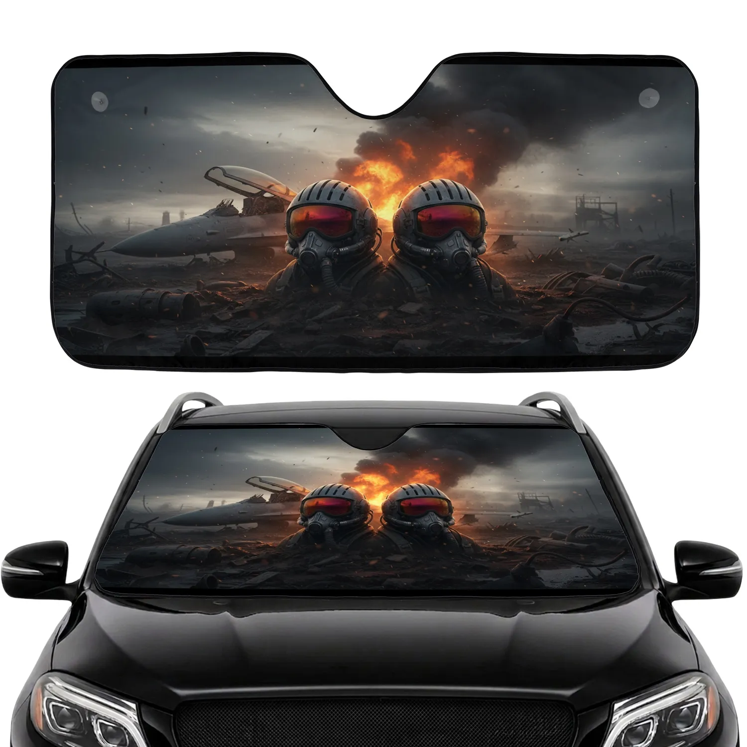Destroyed Fighter Jet Pilot Helmets - Post-Apocalyptic Gamer Gift Car Sunshade - 1