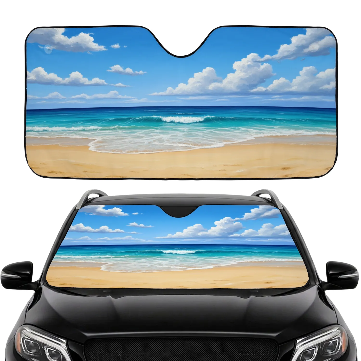 Sun-Drenched Beach Turquoise Ocean Waves - Travel Essentials Car Sunshade - 1