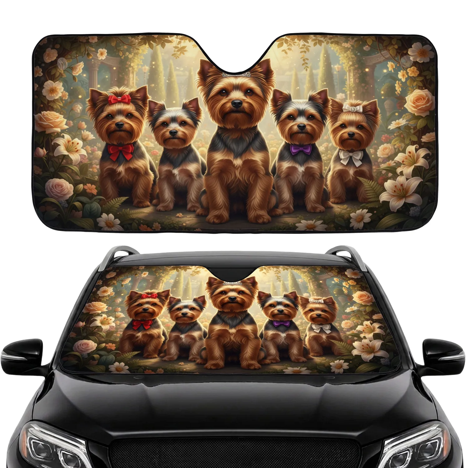 Tiara Bow Tie Yorkshire Terriers Lush Garden - Pet Lover Everyday Gift for Dog Lovers Car Sunshade - 1