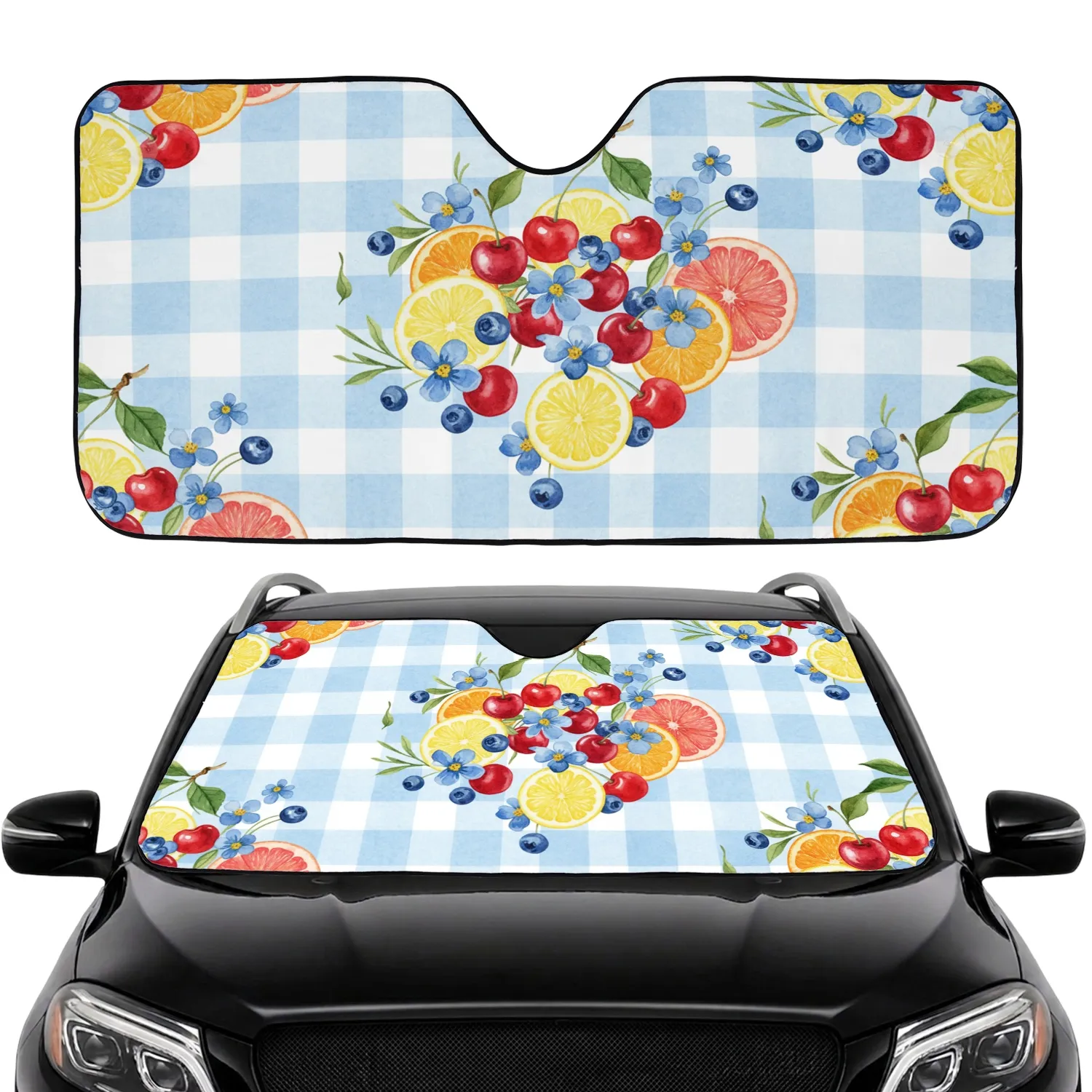 Cherries Blueberries Lemon Orange Grapefruit Flowers Gingham - Car Decor Gift Fruit Lover Car Sunshade - 1