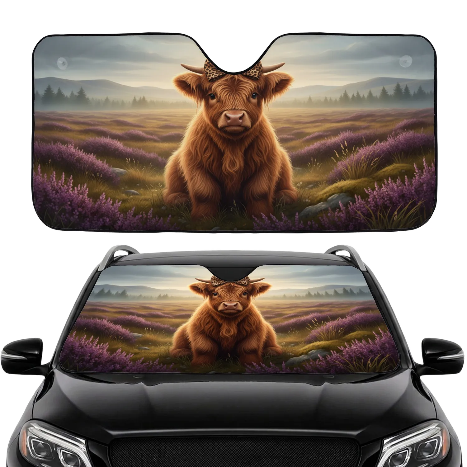 Highland Calf Leopard Bow Heather Moorland - Wildlife Lover Gift Car Sunshade - 1