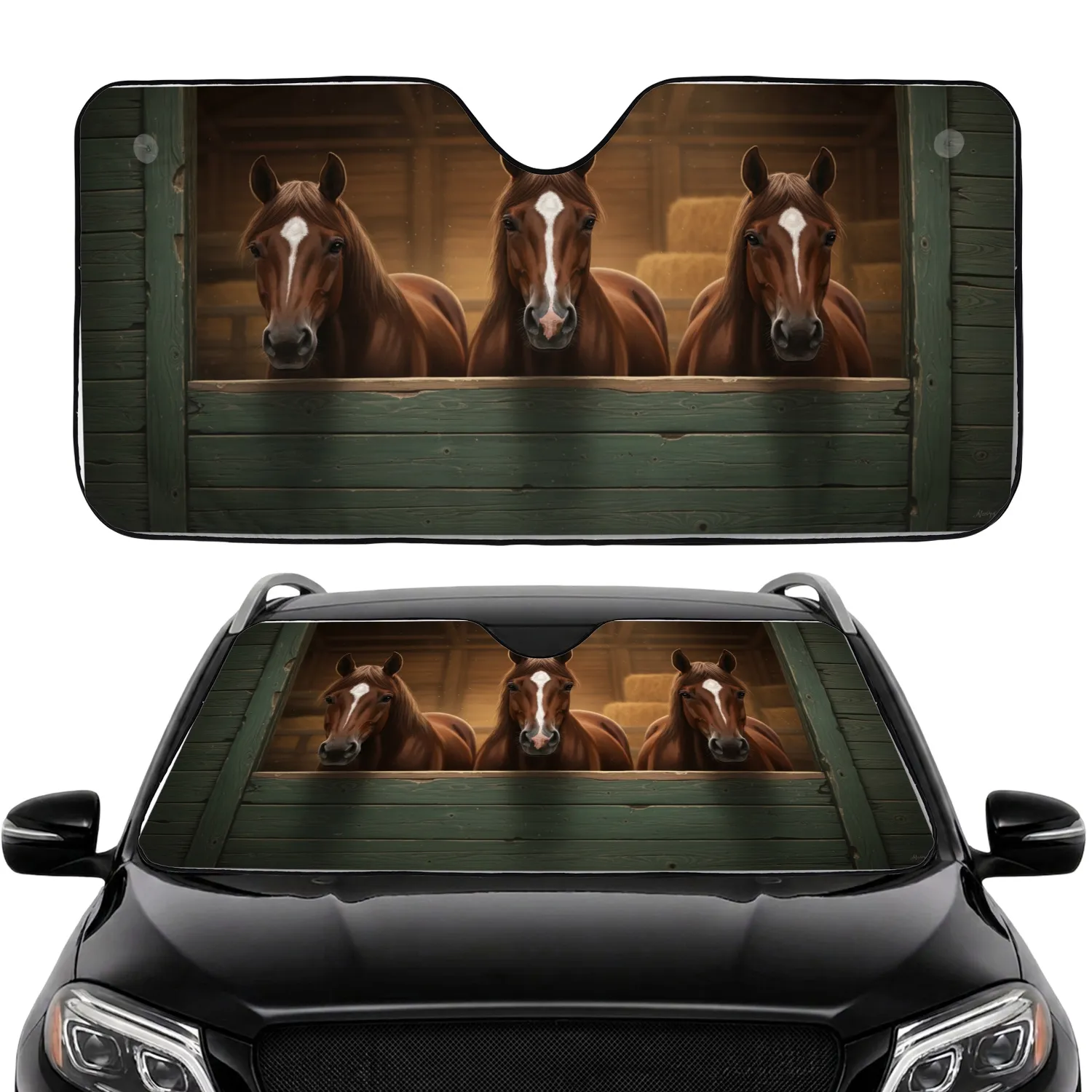 Three Majestic Bay Horses Peering from Rustic Wooden Stable - Horse Lover Farmhouse Decor Gift Car Sunshade - 1
