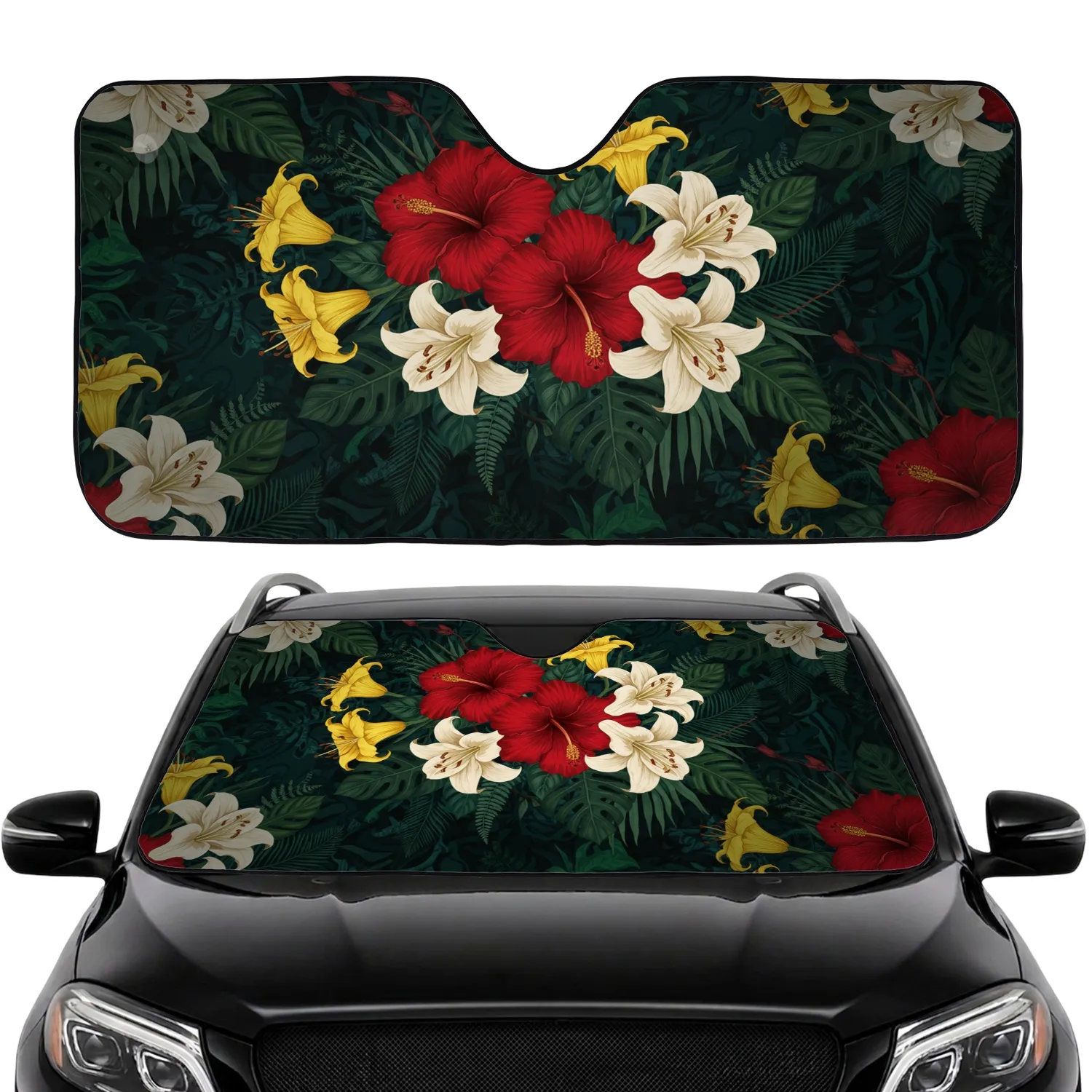 Tropical Hibiscus Lilies Exotic Flowers Botanical Leaves - Car Decor Gift Car Sunshade - 1