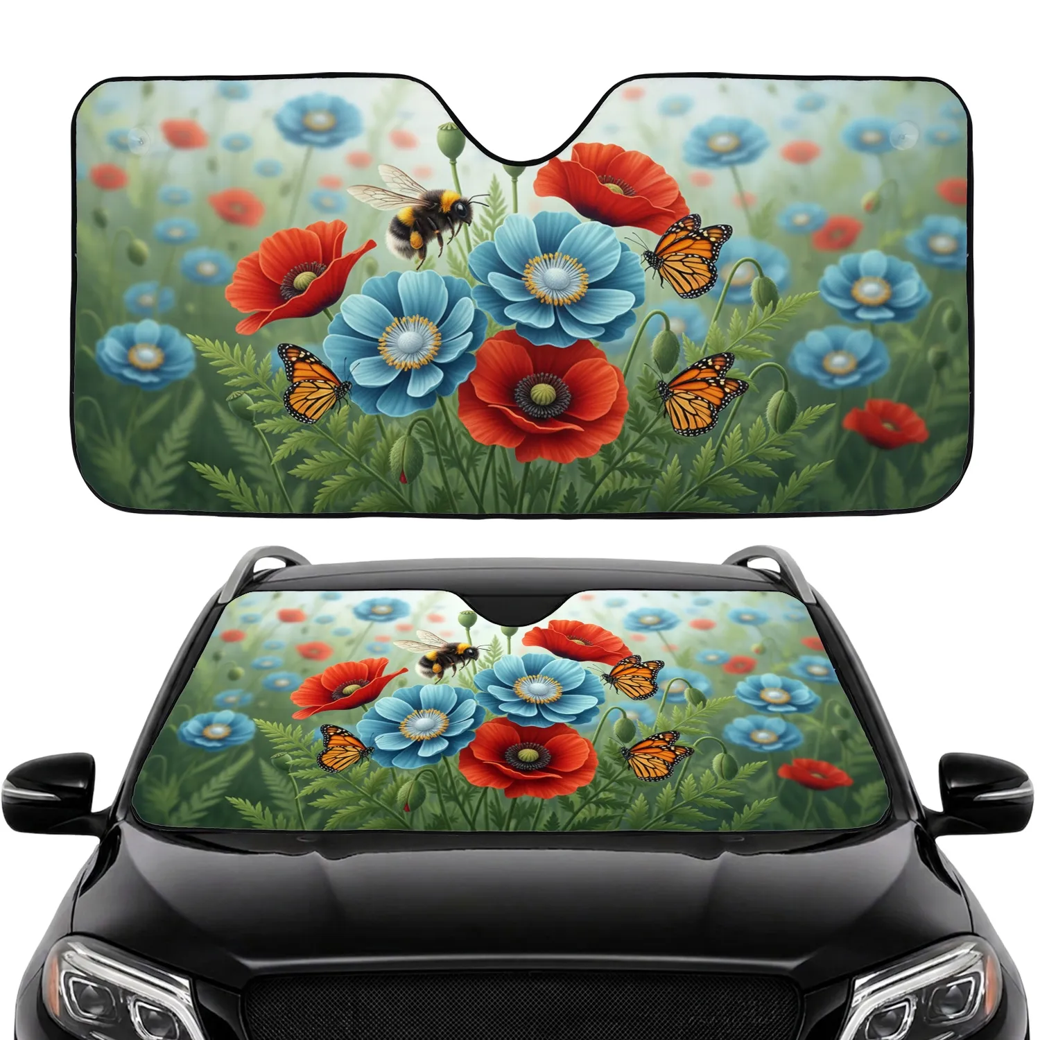 Bumblebee Monarch Red Poppies Blue Teal Flowers - Wildlife Lover Gift Car Sunshade - 1