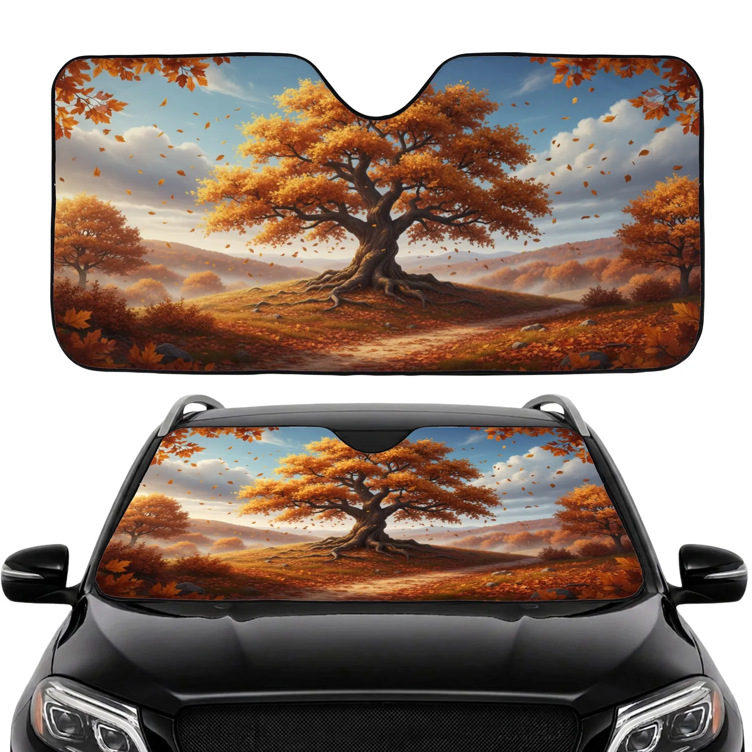 Magnificent Ancient Oak Tree Golden Autumn Foliage Landscape - Fall Season Car Decor Car Sunshade - 1