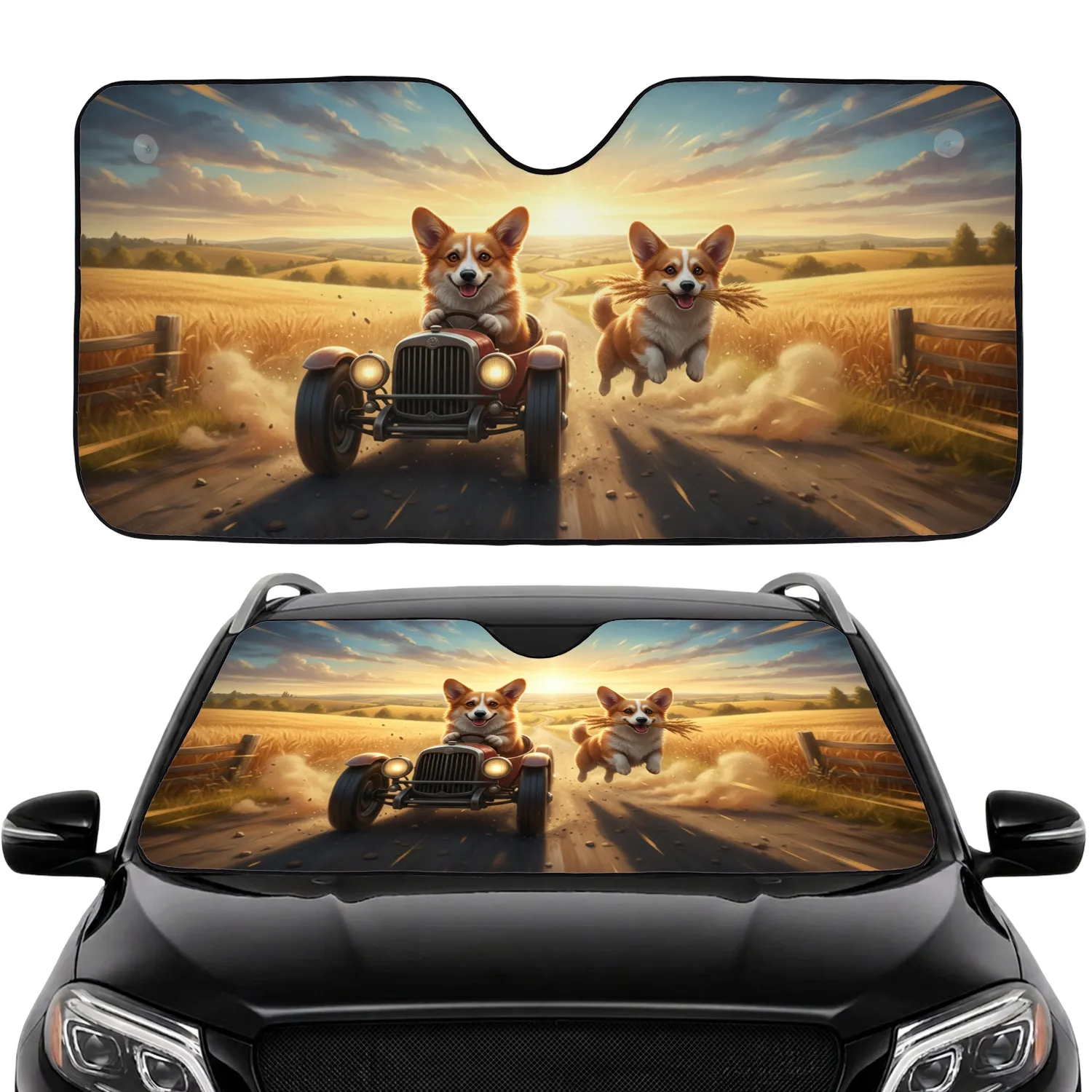 Corgi Dogs Road Trip Golden Wheat Fields - Dog Lover Adventure Gift Car Sunshade - 1