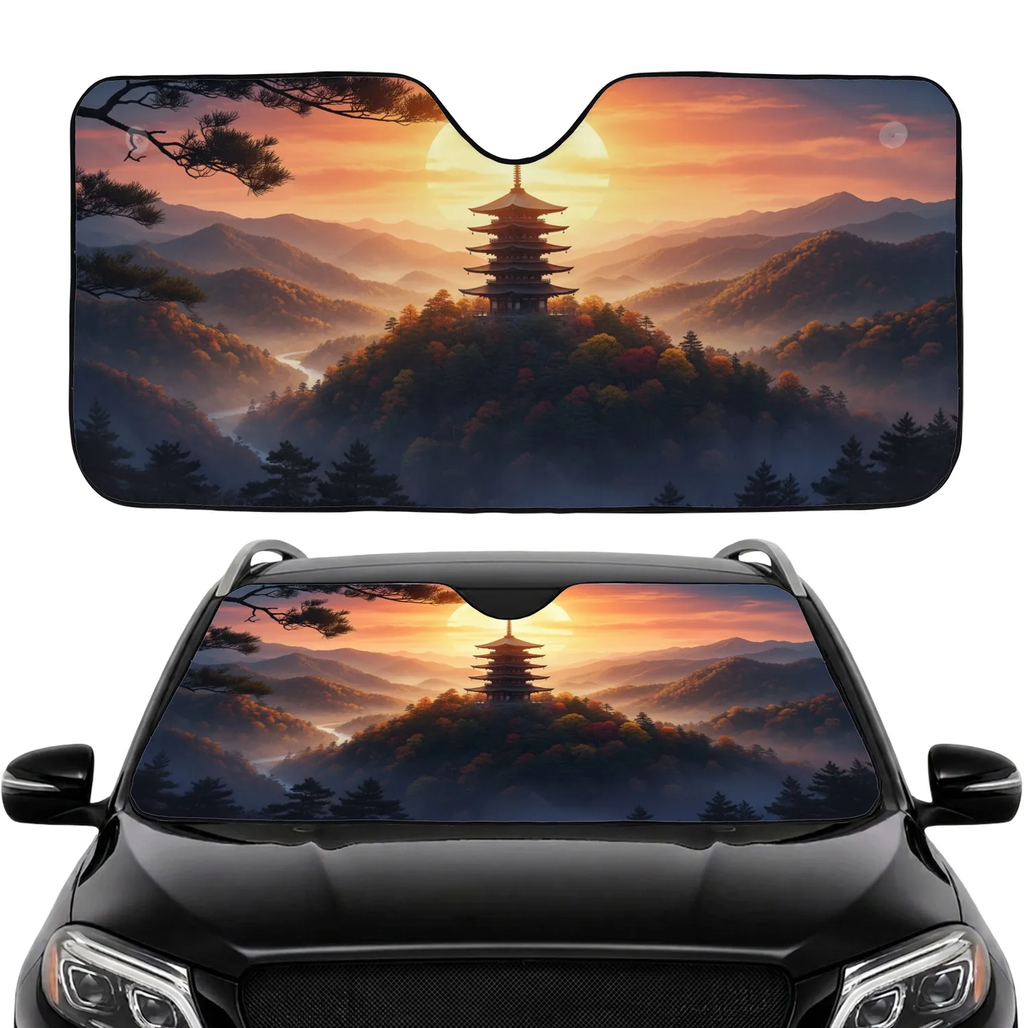 Japanese Pagoda Autumn Forest Glowing Sun - Everyday Auto Essential Car Sunshade - 1