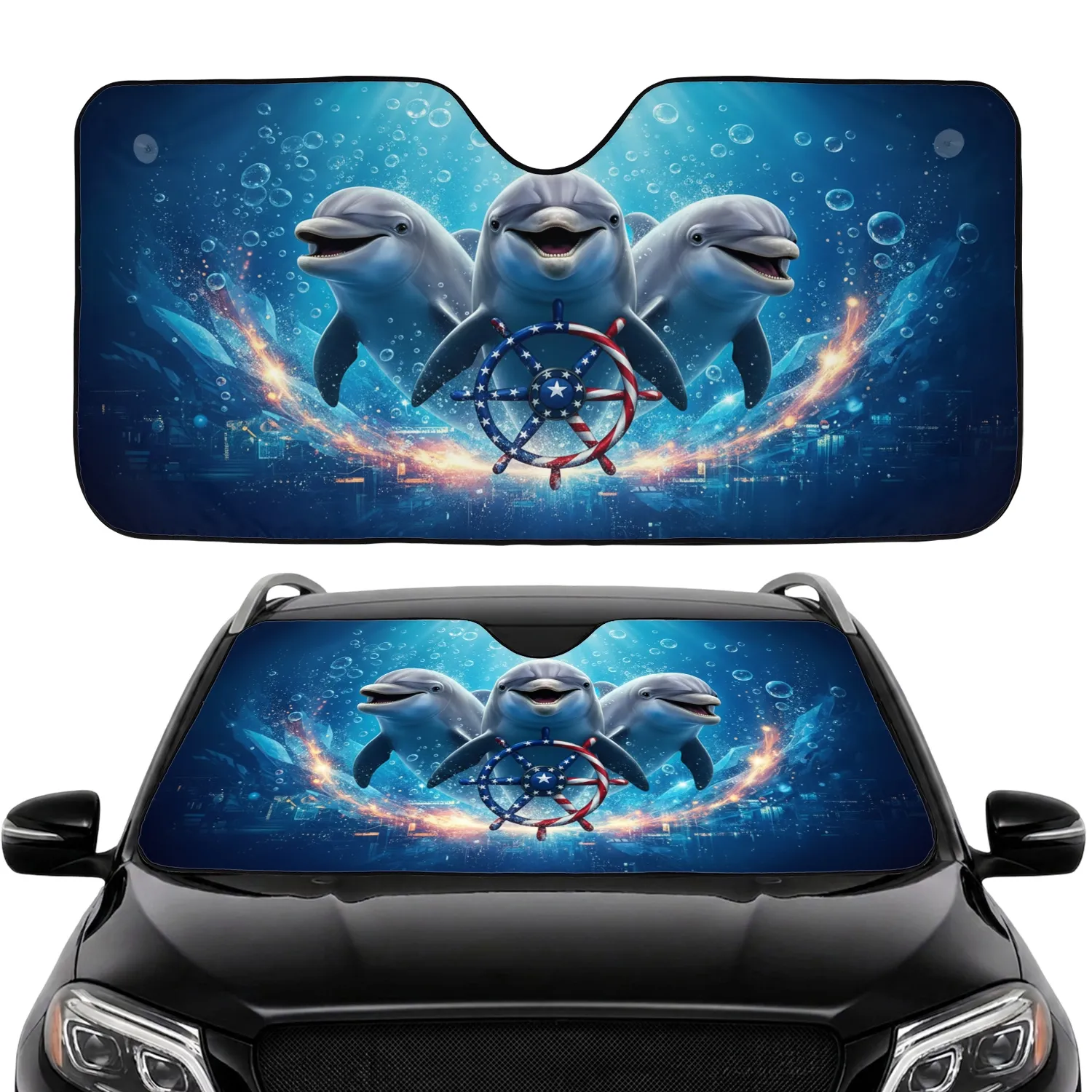 Dolphins Driving Patriotic Steering Wheel Underwater - Wildlife Lover Car Decor Car Sunshade - 1