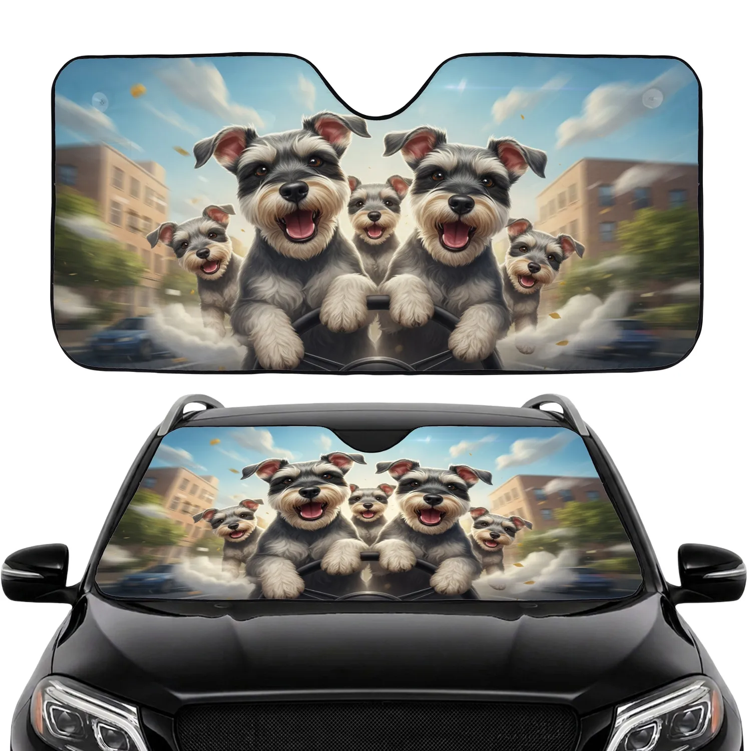 Five Schnauzer Dogs Urban City Scene - Essential Auto Gift for Pet Lovers on Road Trips Car Sunshade - 1
