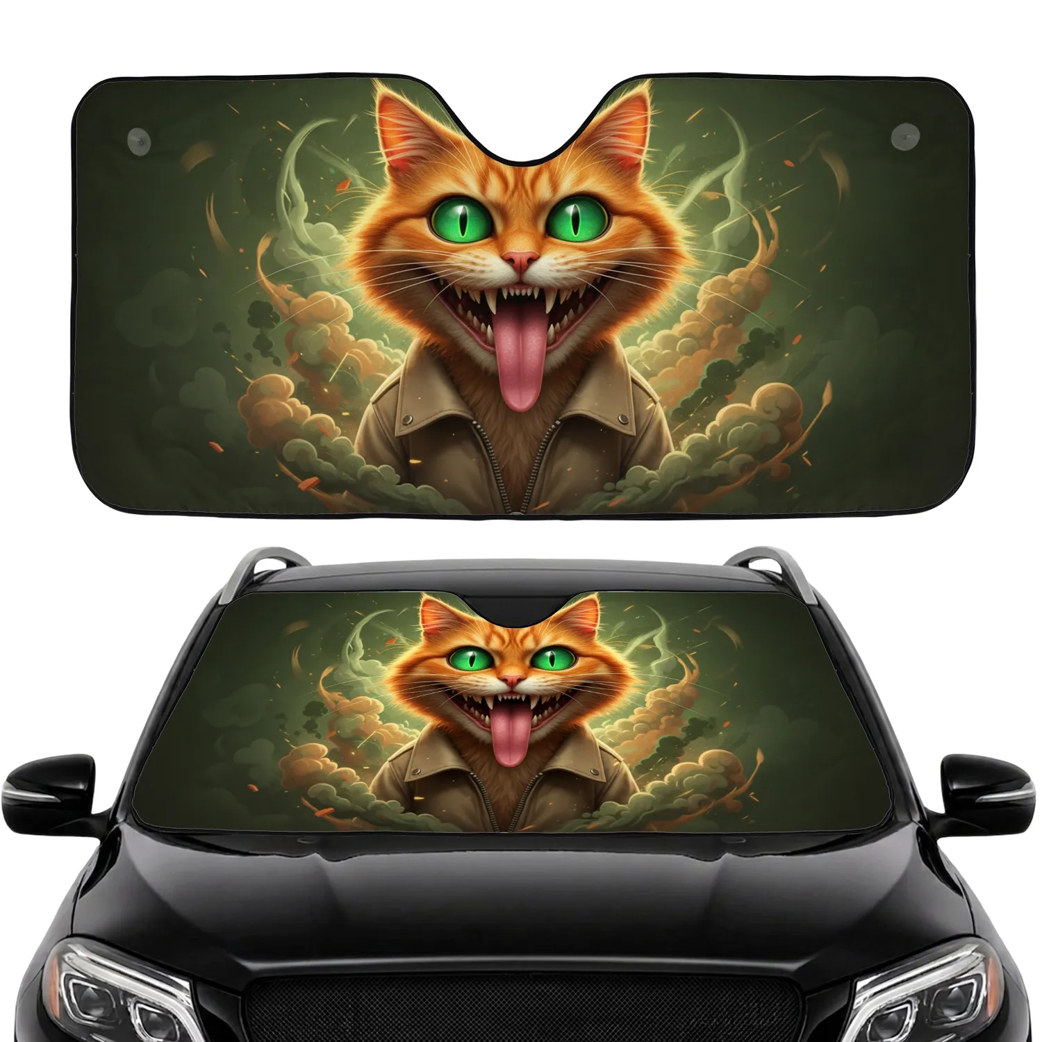 Orange Cat Spiky Fur Long Tongue Glowing Eyes Beige Jacket - Cat Lover Gift Car Sunshade - 1