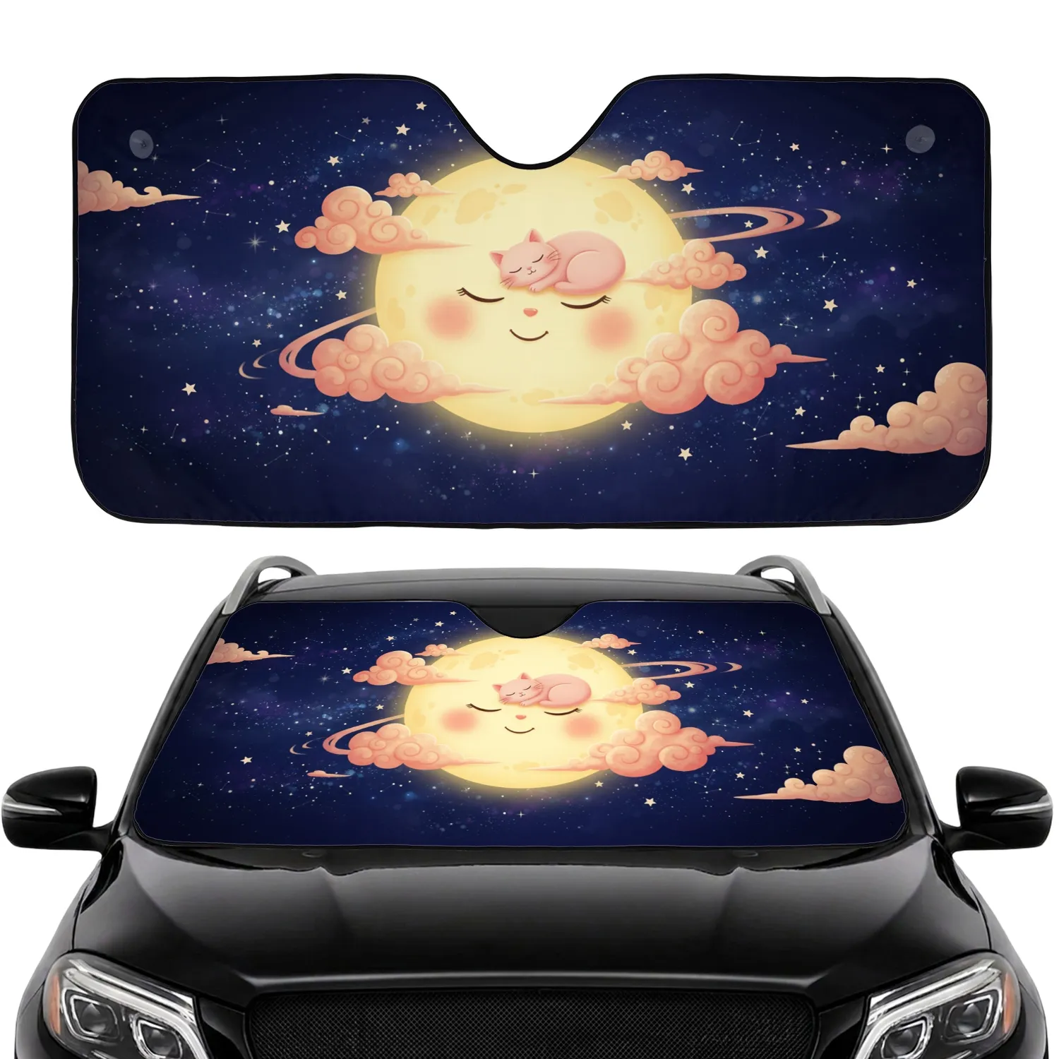 Smiling Full Moon Cat Night Sky Clouds Stars - Travel Essentials Gift for Cat Lover Car Sunshade - 1
