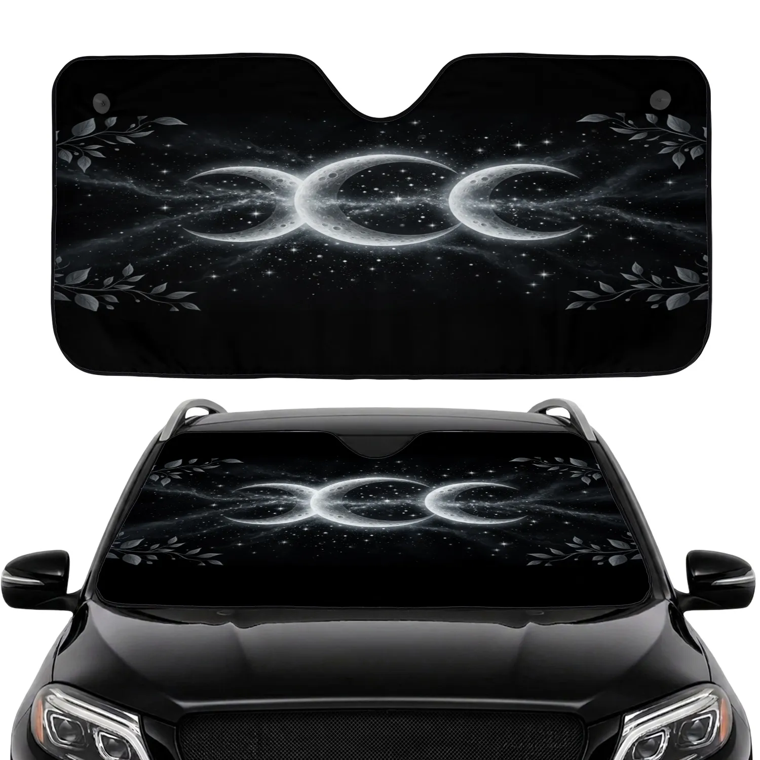 Three Crescent Moons Starry Night Sky Botanical Sprigs - Car Interior Upgrade Car Sunshade - 1