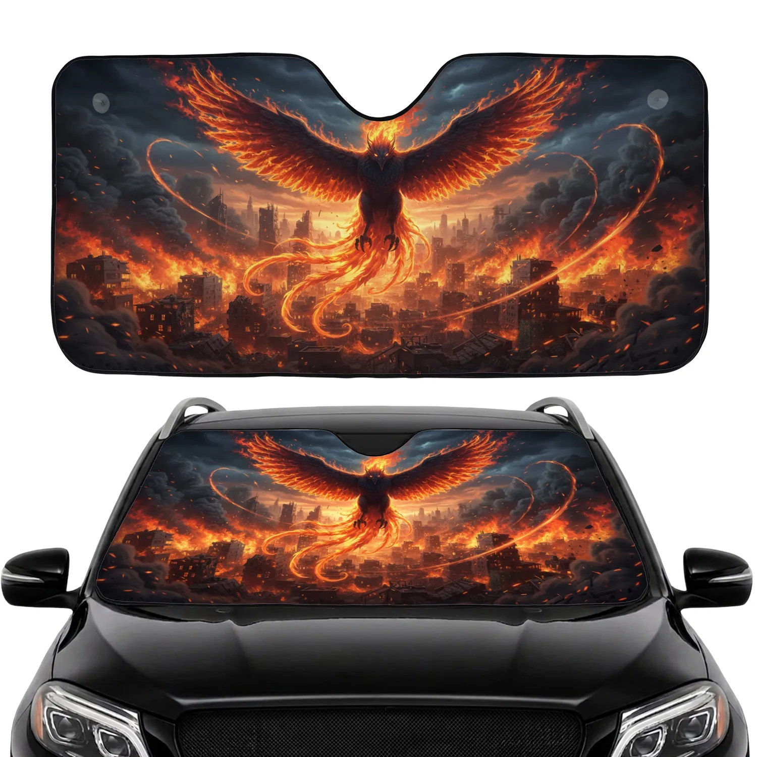 Phoenix Fiery Wings Smoke Burning Cityscape - Fantasy Enthusiast Mythology Gift Car Sunshade - 1