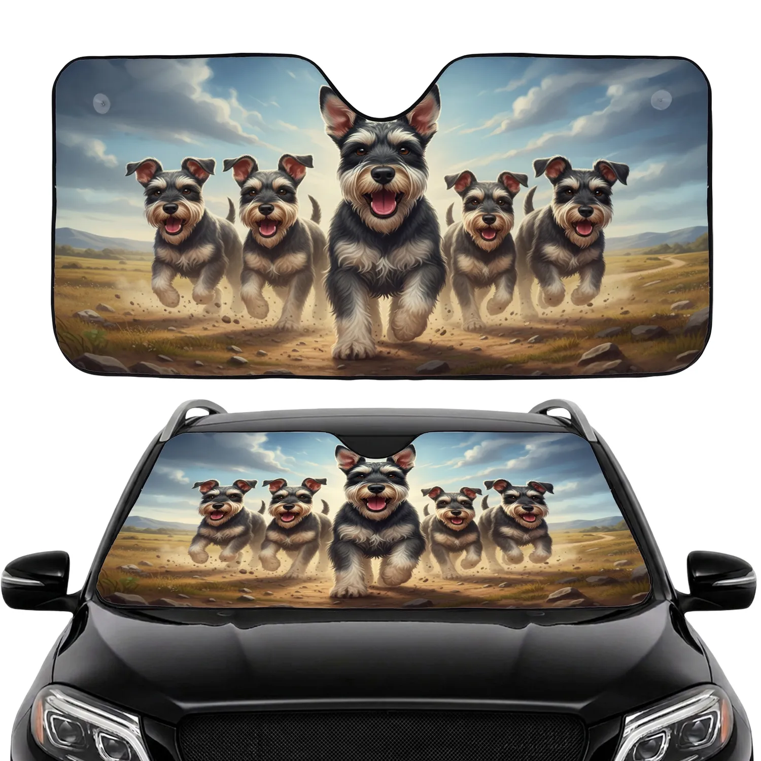 Energetic Schnauzer Dogs Charging Landscape - Adventure Dog Lover Gift Car Sunshade - 1