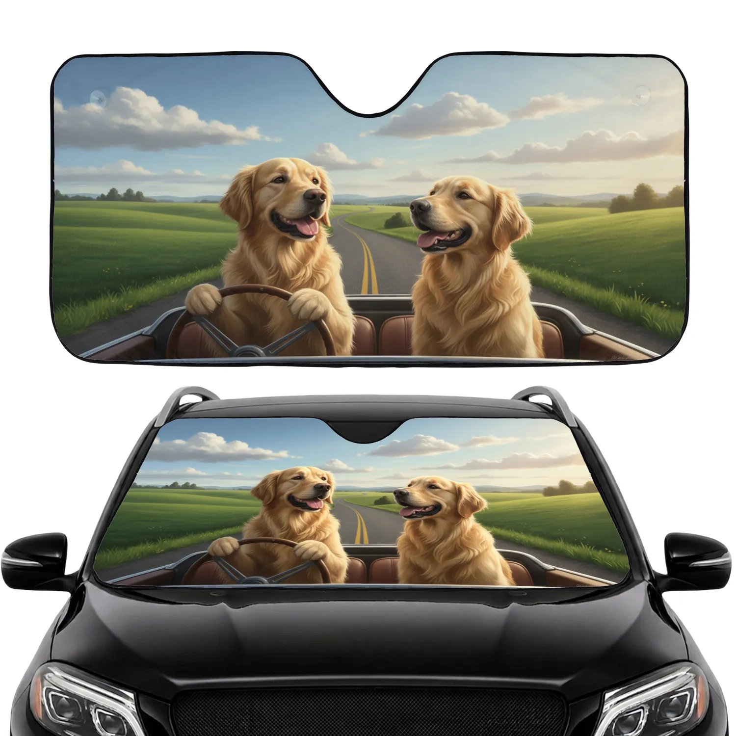 Smiling Golden Retrievers Country Road Trip Adventure Freedom Gift Car Sunshade - 1