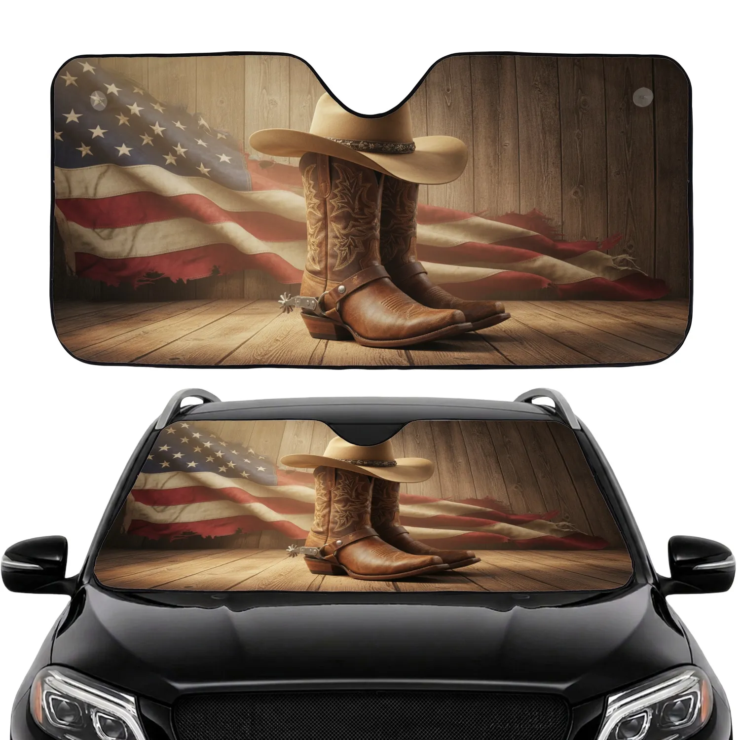 Western Cowboy Boots Hat American Flag - Patriotic Car Decor for Cowboy Fan Car Sunshade - 1
