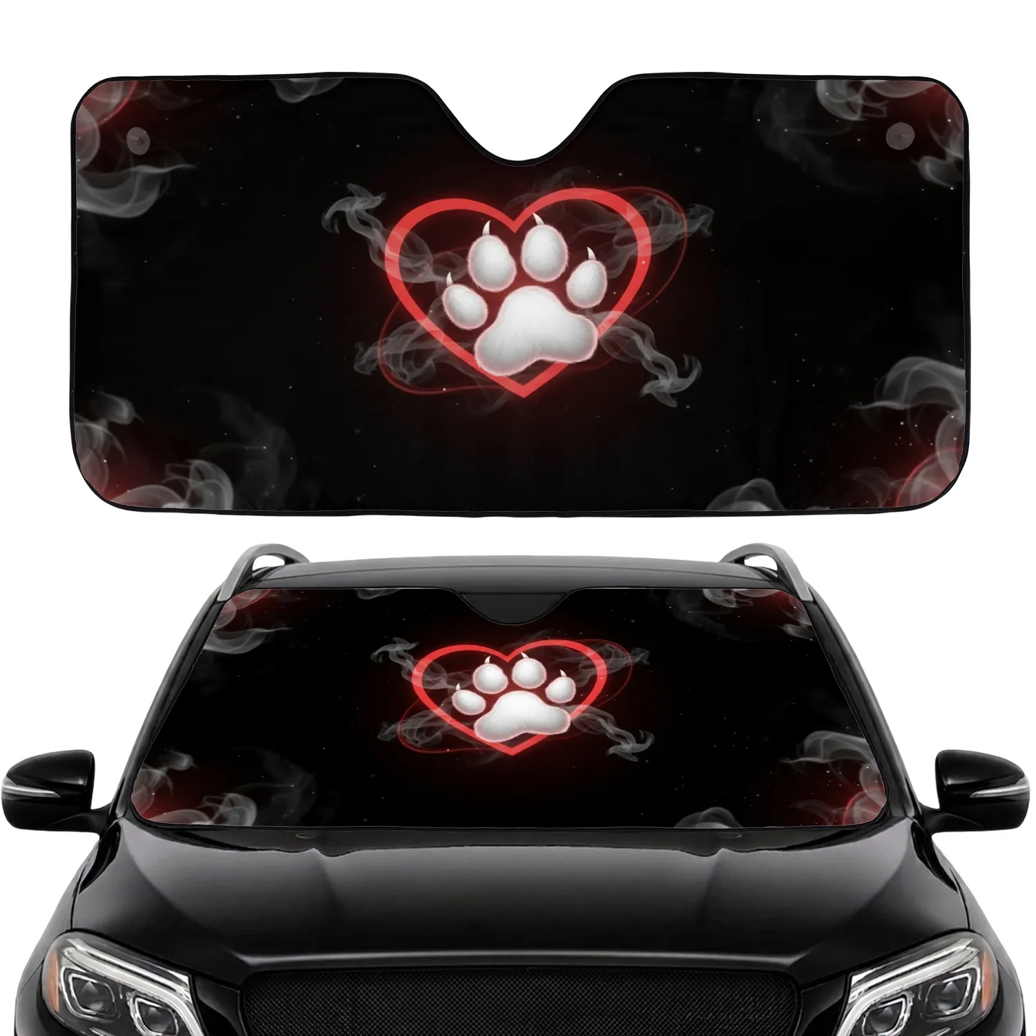 Vibrant Red Heart Outline Soft White Paw Print - Animal Lover Everyday Lifestyle Gift Car Sunshade - 1