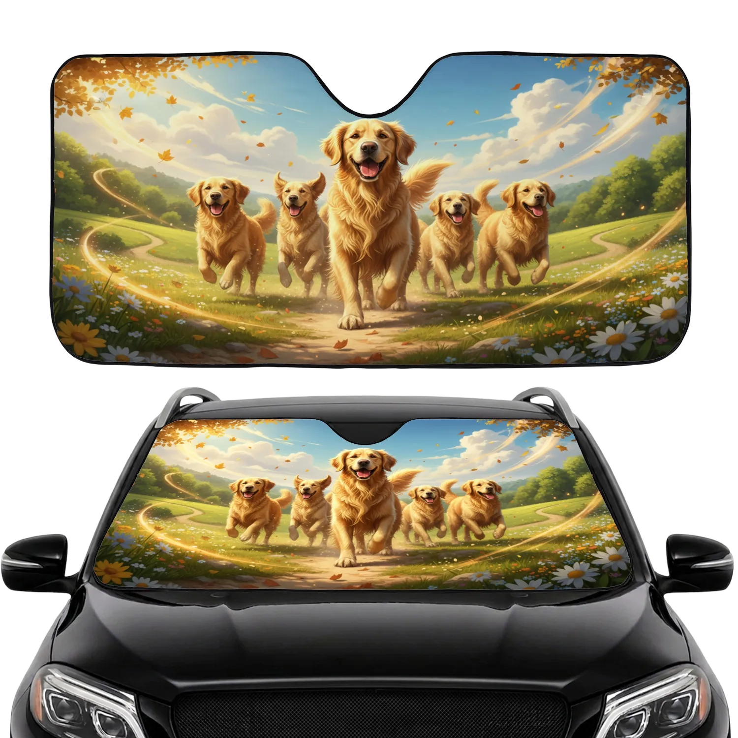 Golden Retrievers Sun-Drenched Rolling Hills - Adventure Dog Lover Gift Car Sunshade - 1