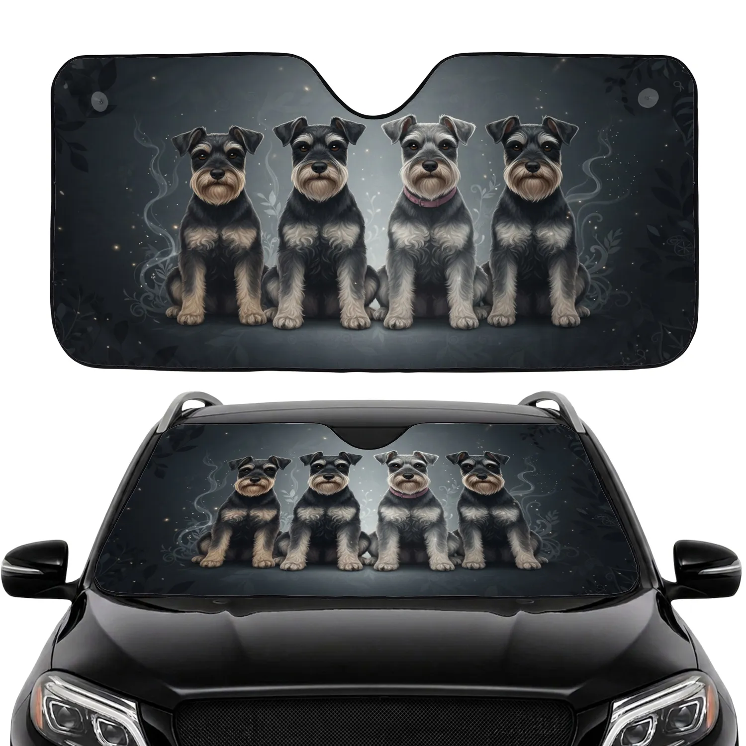 Four Schnauzer Dogs in a Row Black Silver Grey Salt Pepper - Dog Lover Gift Car Sunshade - 1