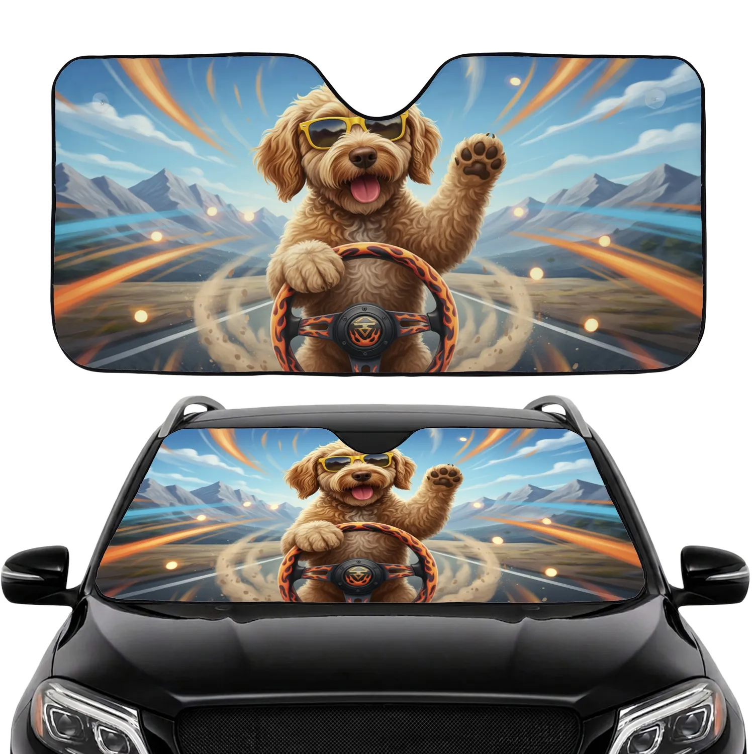 Labradoodle Dog Sunglasses Flame Steering Wheel - Car Lover Gift Car Sunshade - 1