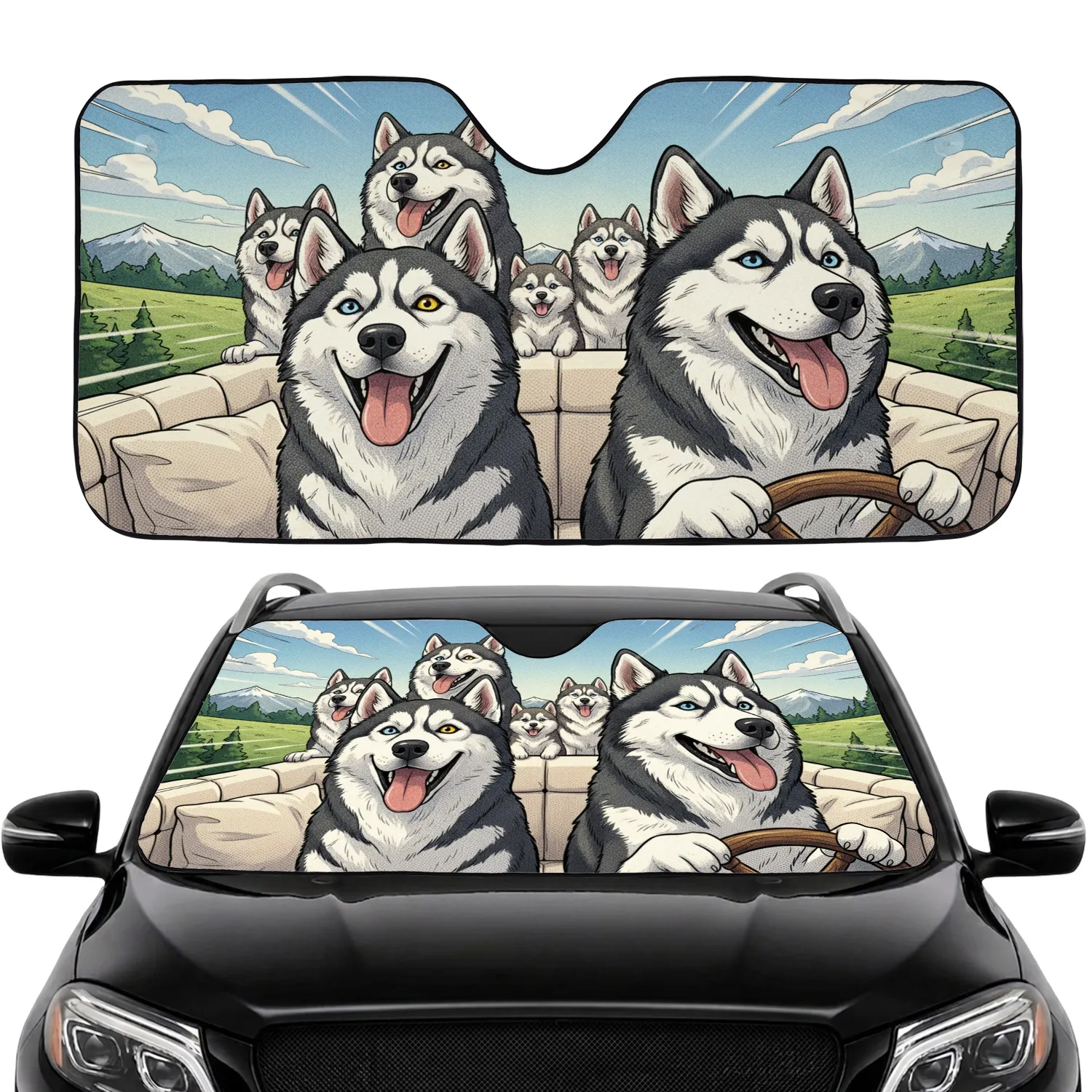Siberian Huskies Driving Adventure Journey - Dog Lover Road Trip Gift Car Sunshade - 1