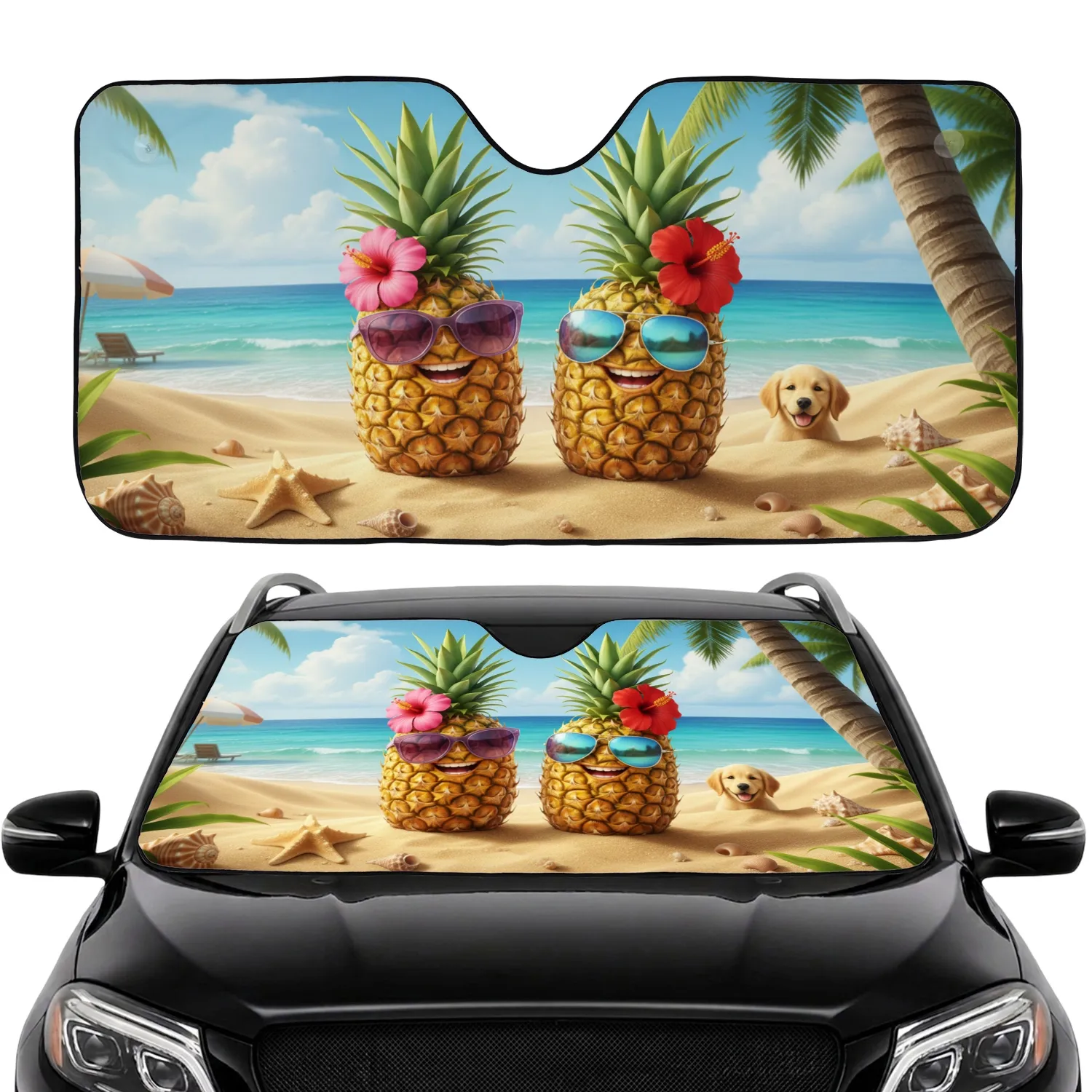 Jovial Pineapples Tropical Beach Starfish Seashells - Summer Beach Trip Car Sunshade - 1