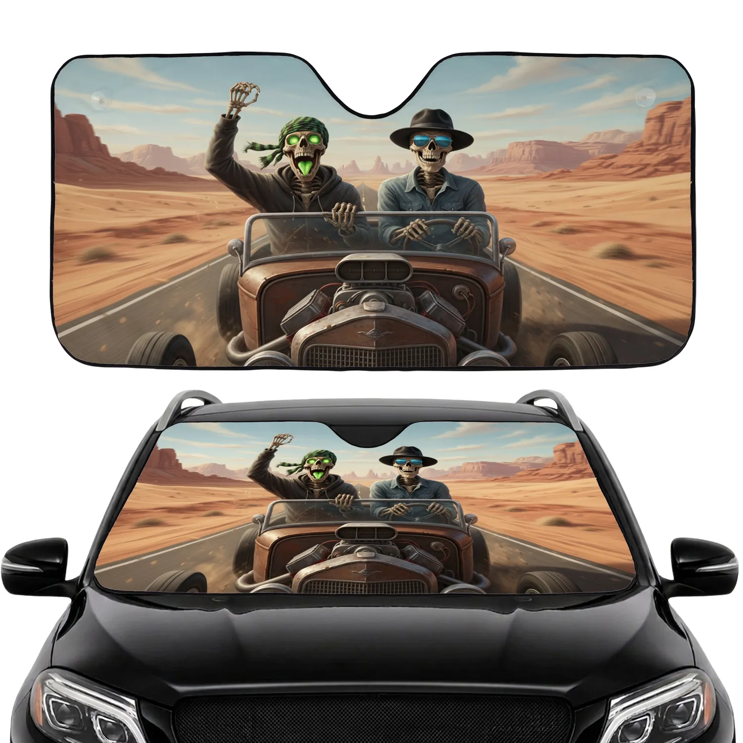 Skeletons Heart Tongue Desert Road Trip - Auto Decor Gift for Drivers Car Sunshade - 1