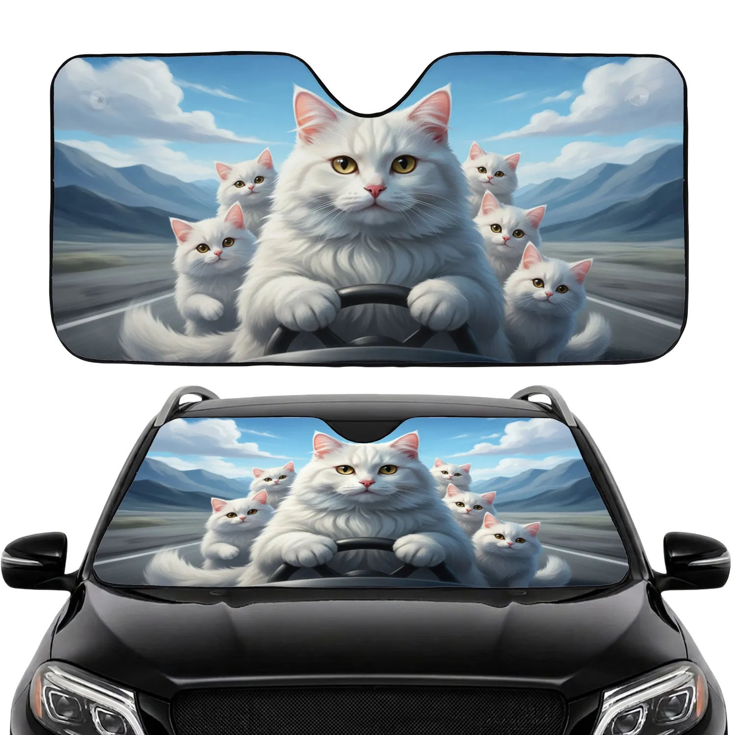 White Cats Driving Group Mountain Road - Cat Lover Road Trip Gift Car Sunshade - 1