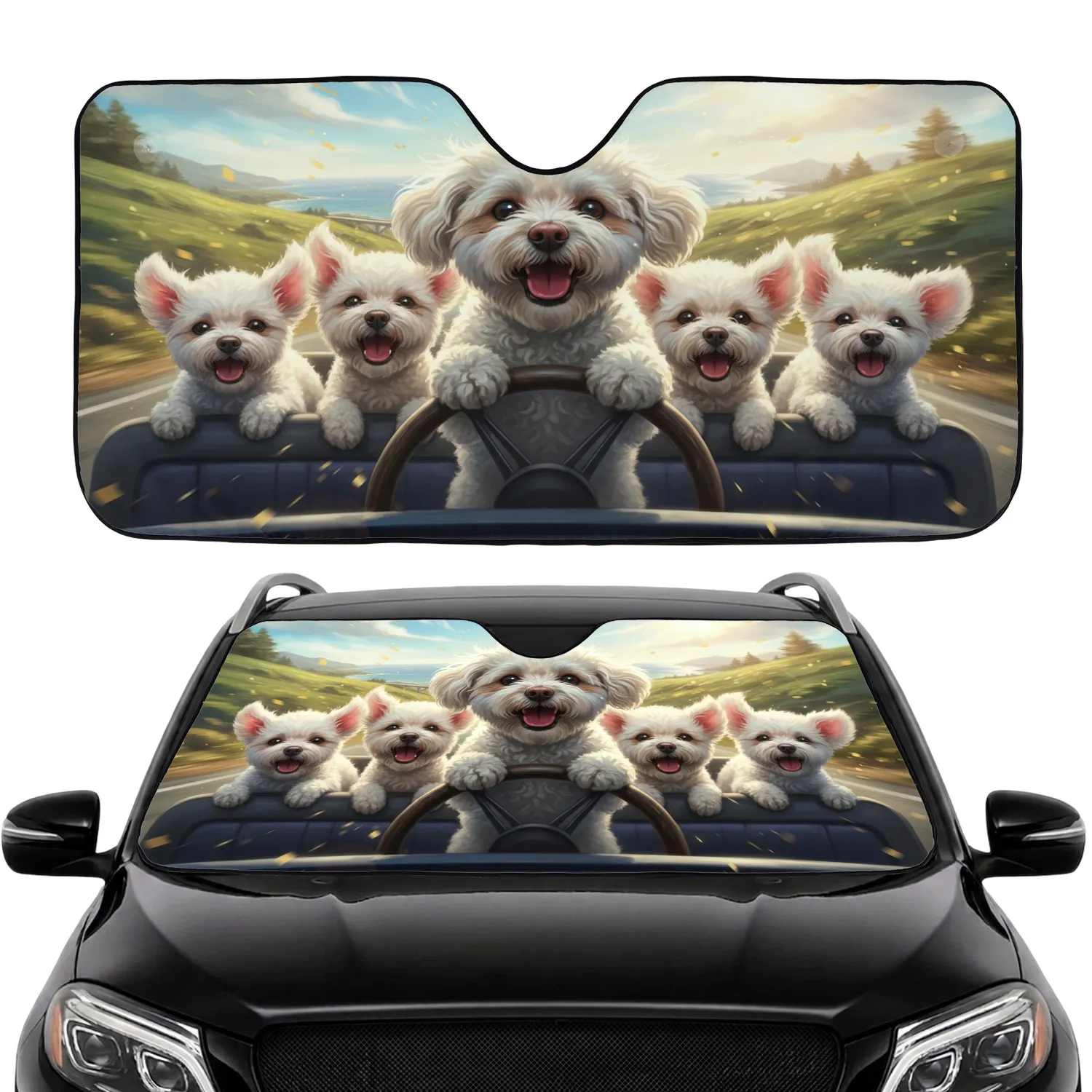 Driving Fluffy Dogs Road Trip Adventure - Dog Lover Car Accessory Gift Car Sunshade - 1