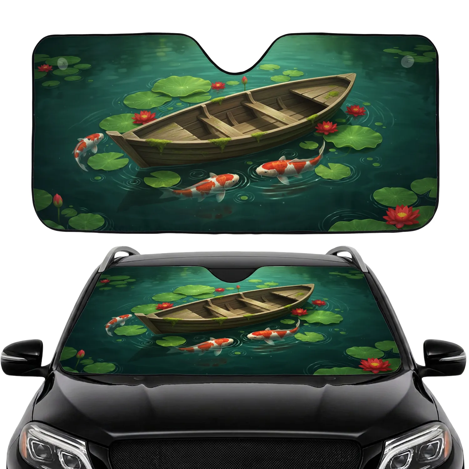 Vibrant Koi Fish Rustic Rowboat Lily Pads Red Lotus - Nature Lover Gift Car Sunshade - 1