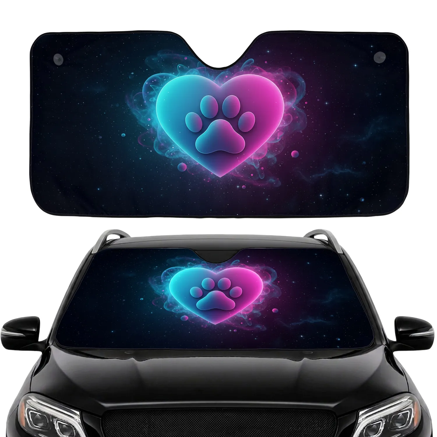 Glowing Celestial Nebula Heart Paw Print - Pet Lover Car Decor Gift Car Sunshade - 1