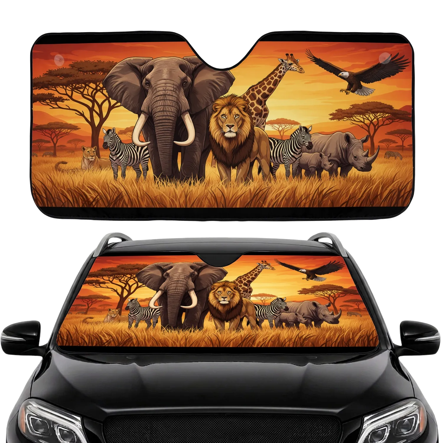 African Elephant Lion Giraffe Zebra Rhino Savannah Sunset Wildlife Lover Gift Car Sunshade - 1