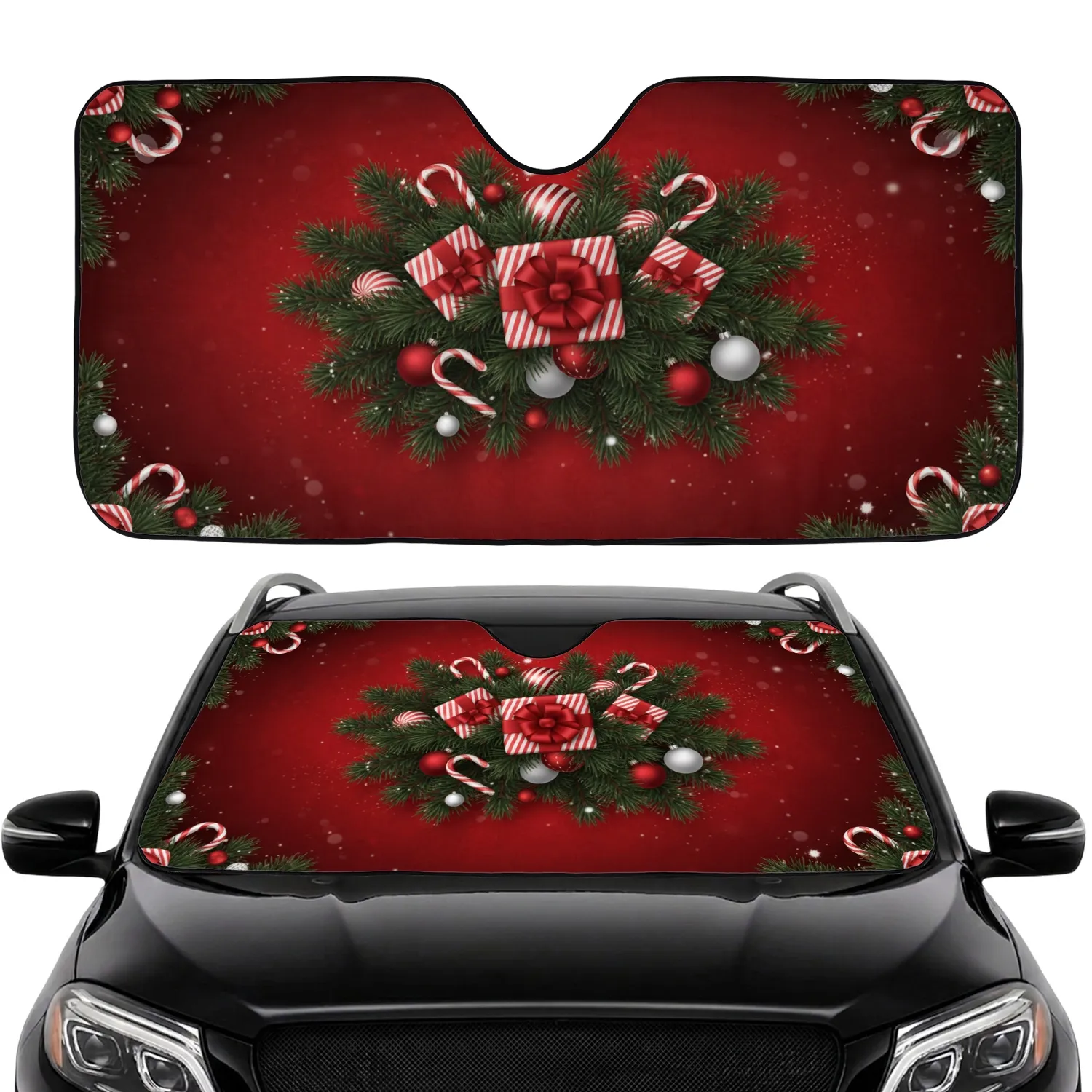 Festive Candy Canes Fir Baubles Gift Boxes - Christmas Holiday Car Sunshade - 1