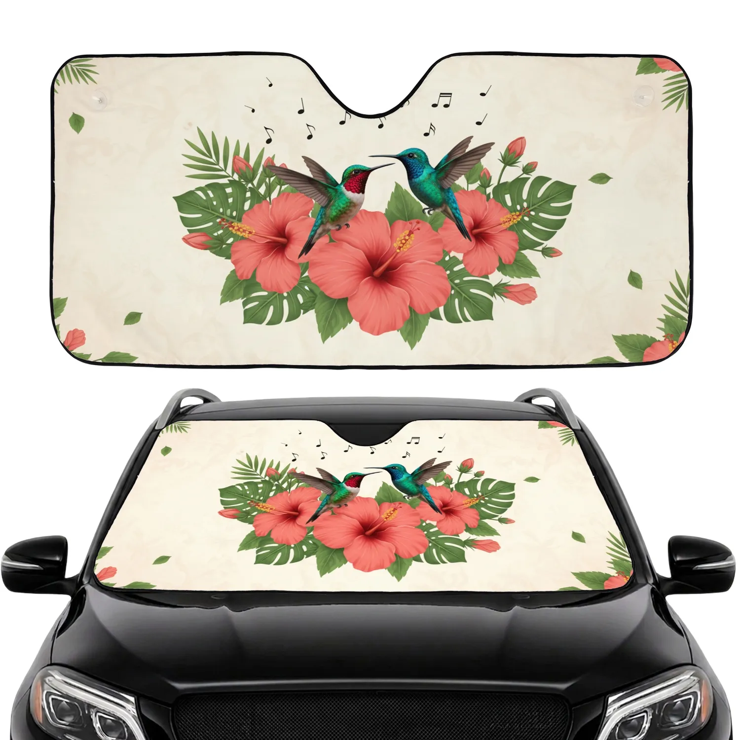 Hummingbird Hibiscus Tropical Floral Musical Notes - Wildlife Lover Gift Car Sunshade - 1