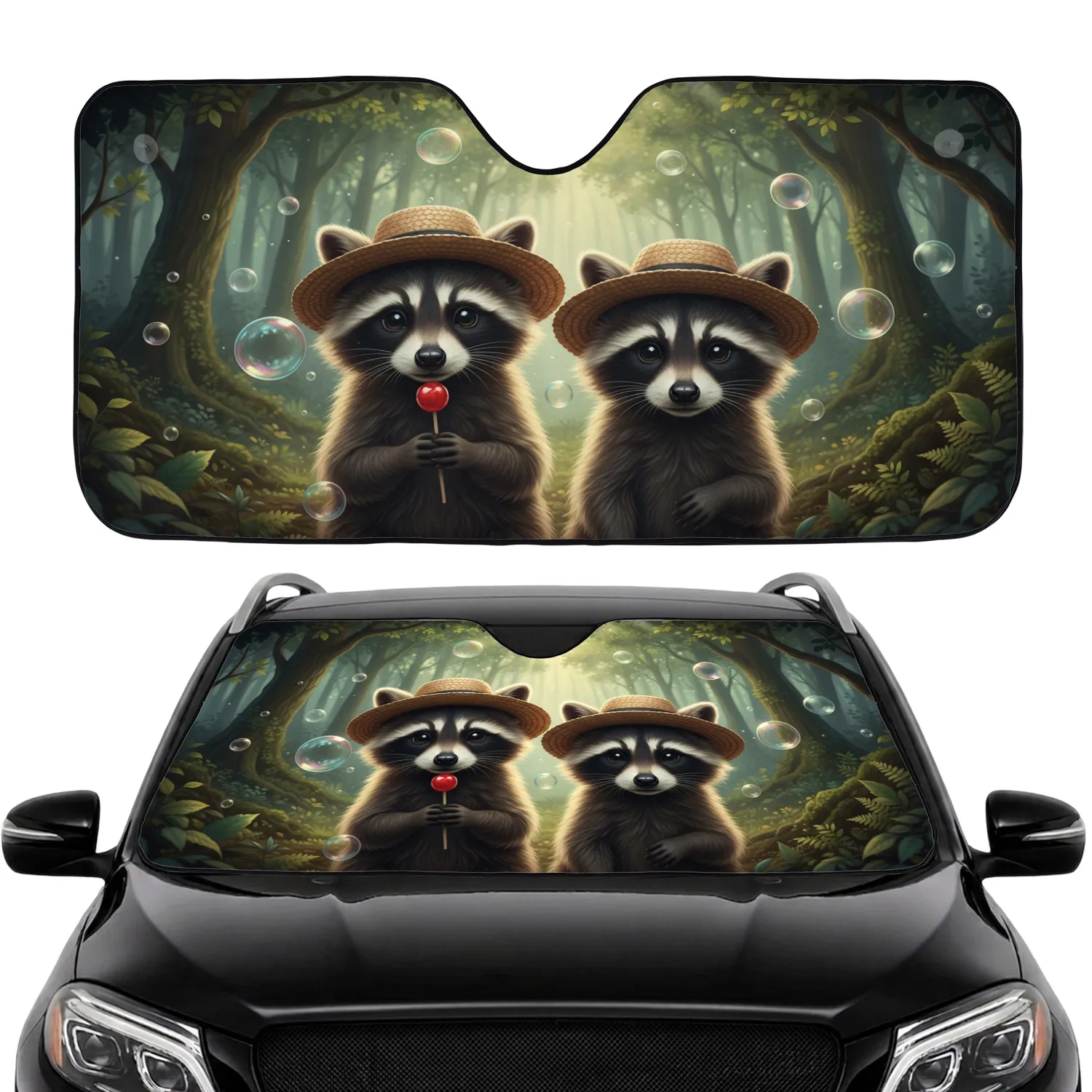 Curious Raccoons Straw Hats Red Lollipop Forest - Wildlife Lover Gift Car Sunshade - 1