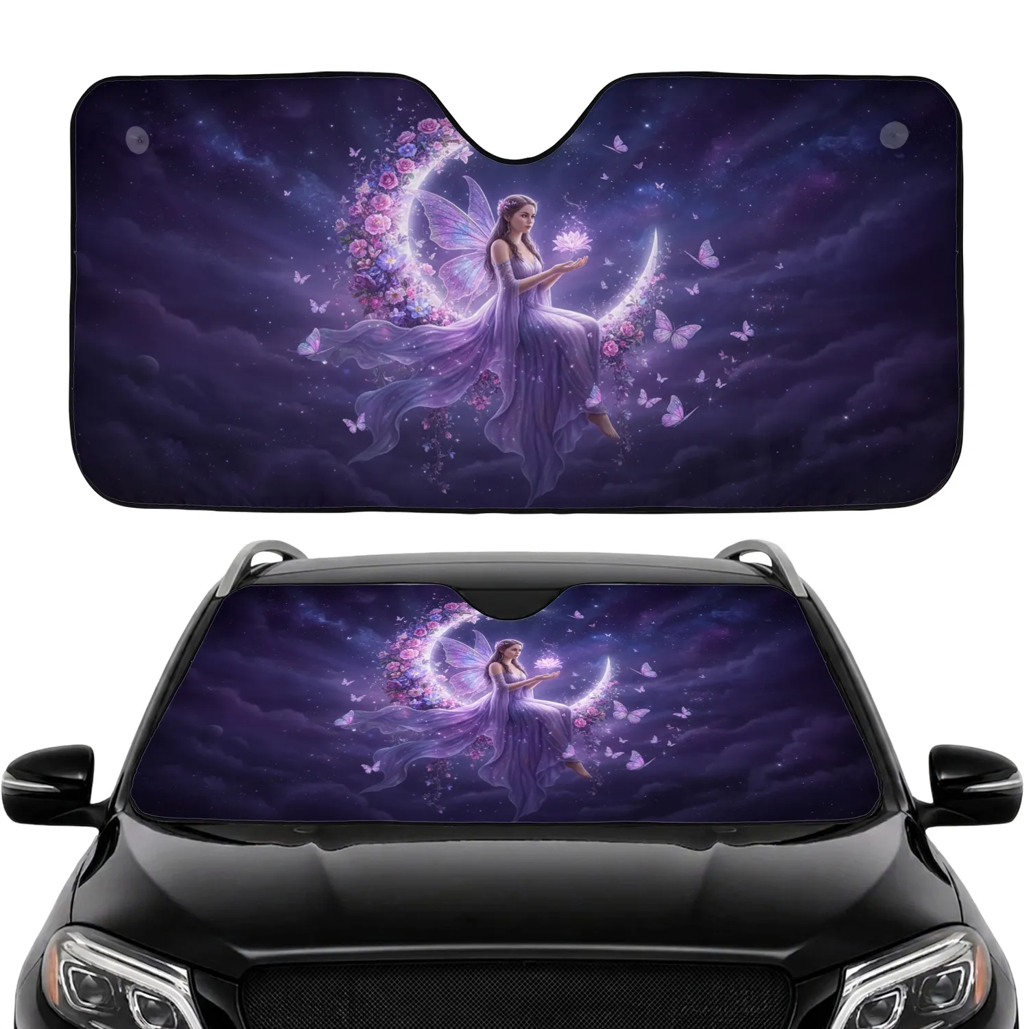 Ethereal Fairy Moon Glowing Flowers Purple Butterflies Cosmic Sky - Fantasy Gift Car Sunshade - 1