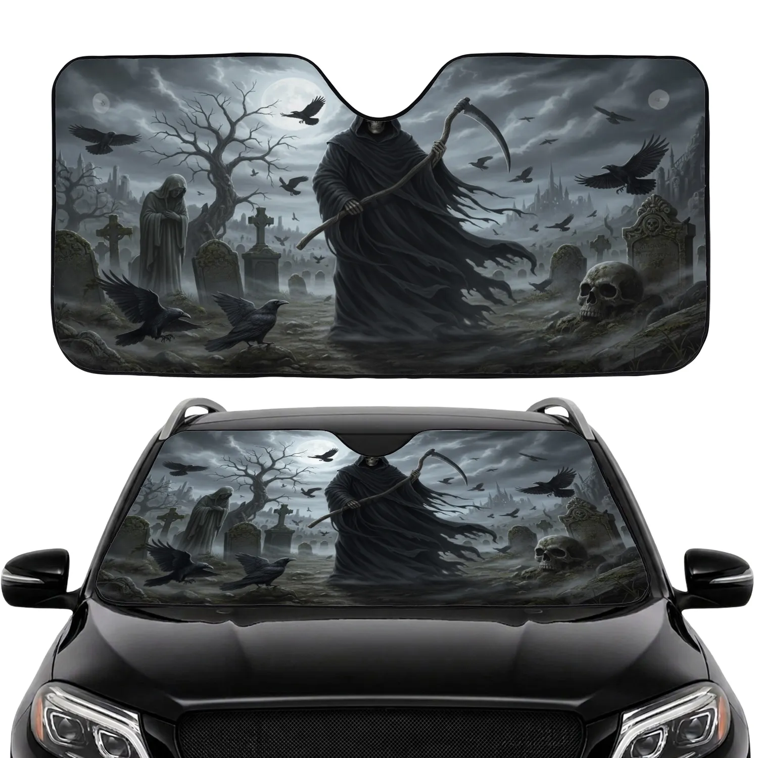 Grim Reaper Graveyard Crows Full Moon - Gothic Lover Gift Car Sunshade - 1