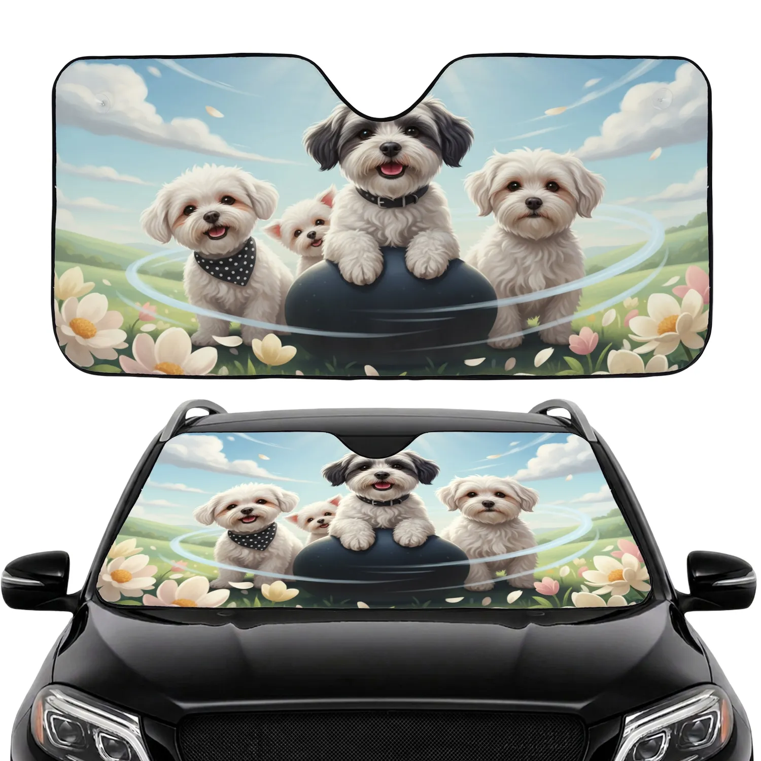 Fluffy White Dogs Group - Dog Lover Gift for Pet Owners Car Sunshade - 1
